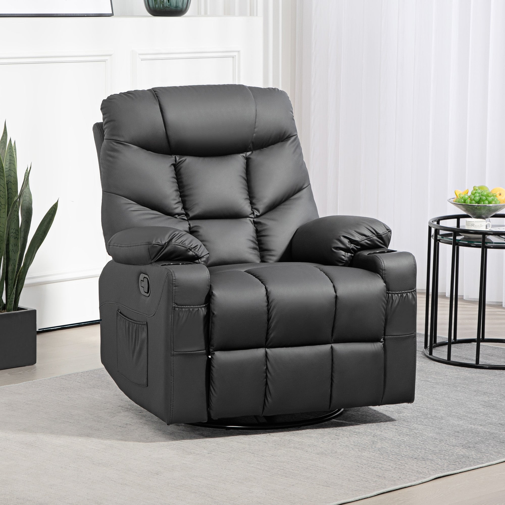 Manual Reclining Chair, Recliner Armchair with Swivel, Faux Leather, Footrest, Cup Holders, 86x93x102cm, Black