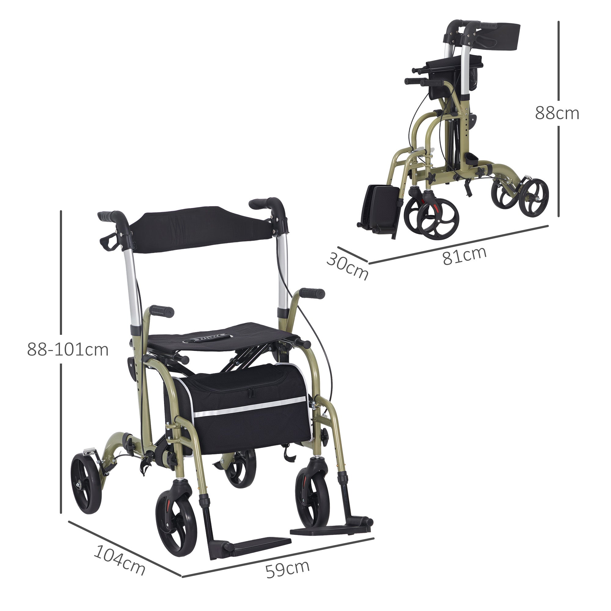 Rollator Walker Wheelchair, with Brakes and Bag - Yellow/Green