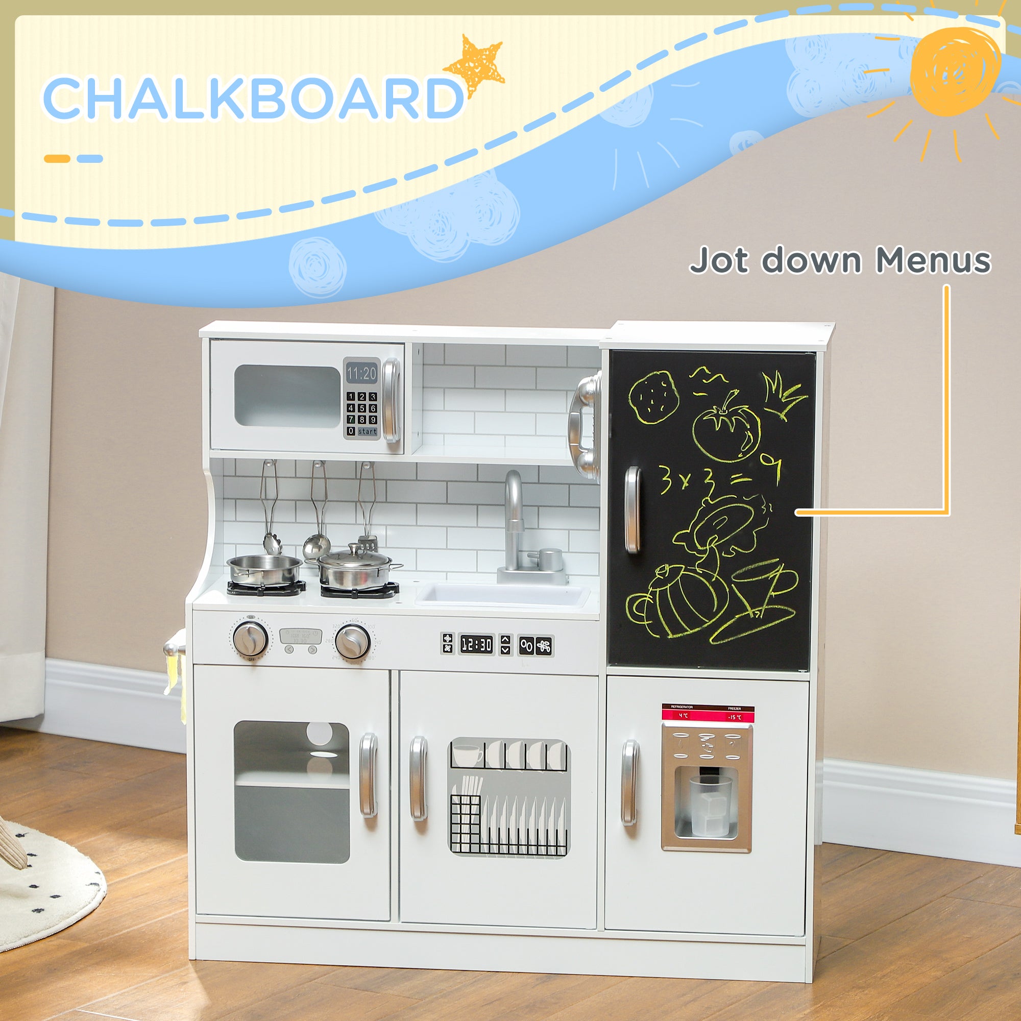 Pretend Play Kitchen, Kids Kitchen Playset, with Toy Phone, Chalkboard, Microwave, Cooking Stove, Sink, White
