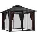3 x 3m Hardtop Gazebo Canopy with 7mm Double Polycarbonate Roof, Mosquito Netting & Curtains - Brown