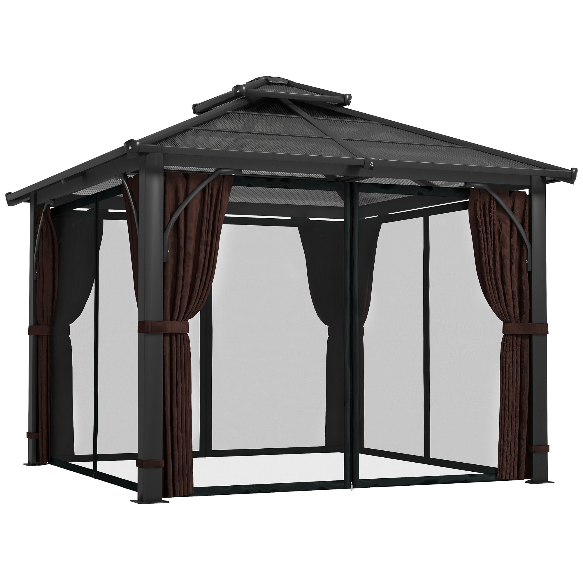 3 x 3(m) Hardtop Gazebo Canopy with 7mm Double Polycarbonate Roof, Garden Gazebo Permanent Pavilion with Mosquito Netting and Curtains for Patio, Deck, Brown