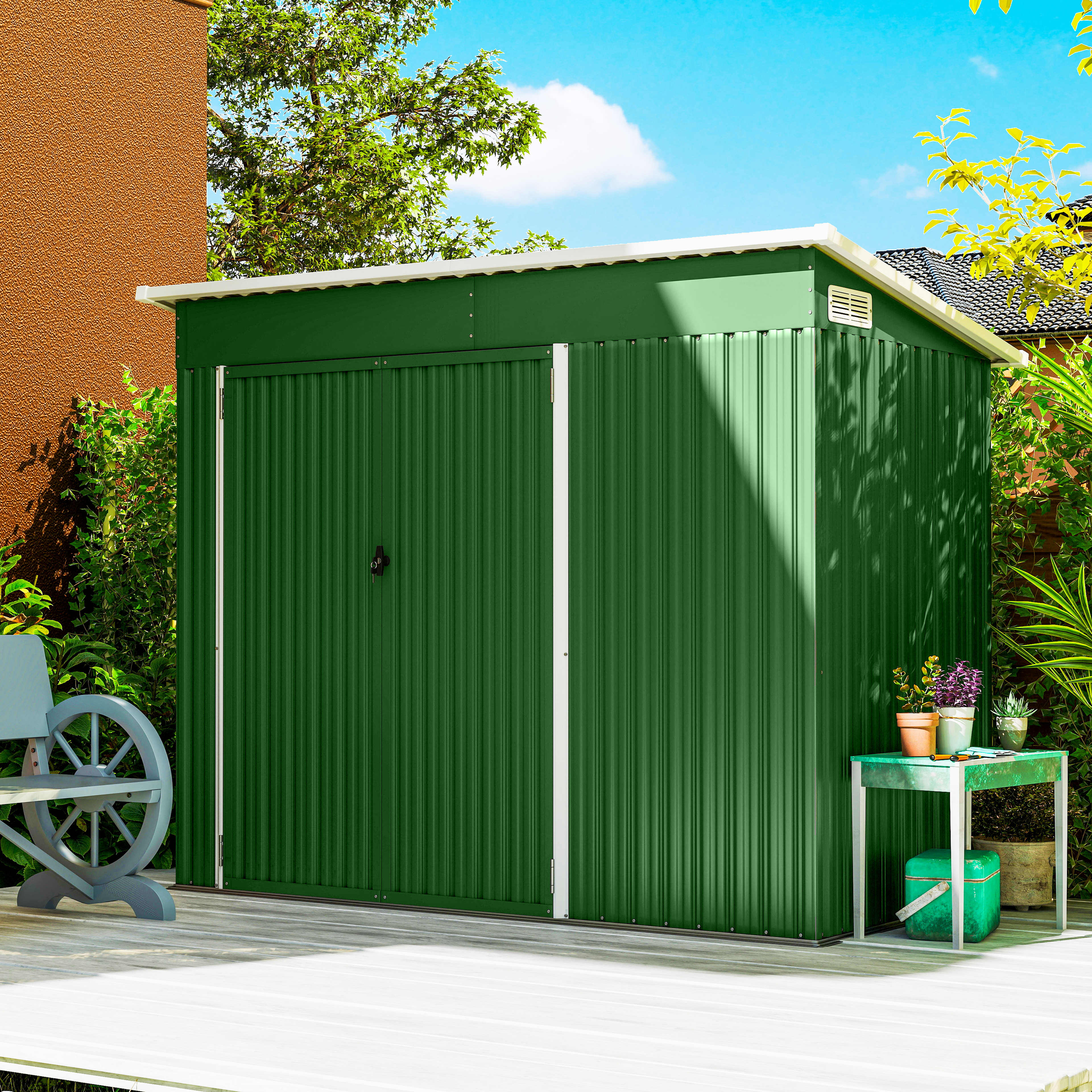 7.5 x 4.3ft Metal Garden Storage Shed, Waterproof Outdoor Shed with Triple Lockable Door, Gloves, Vents, Green