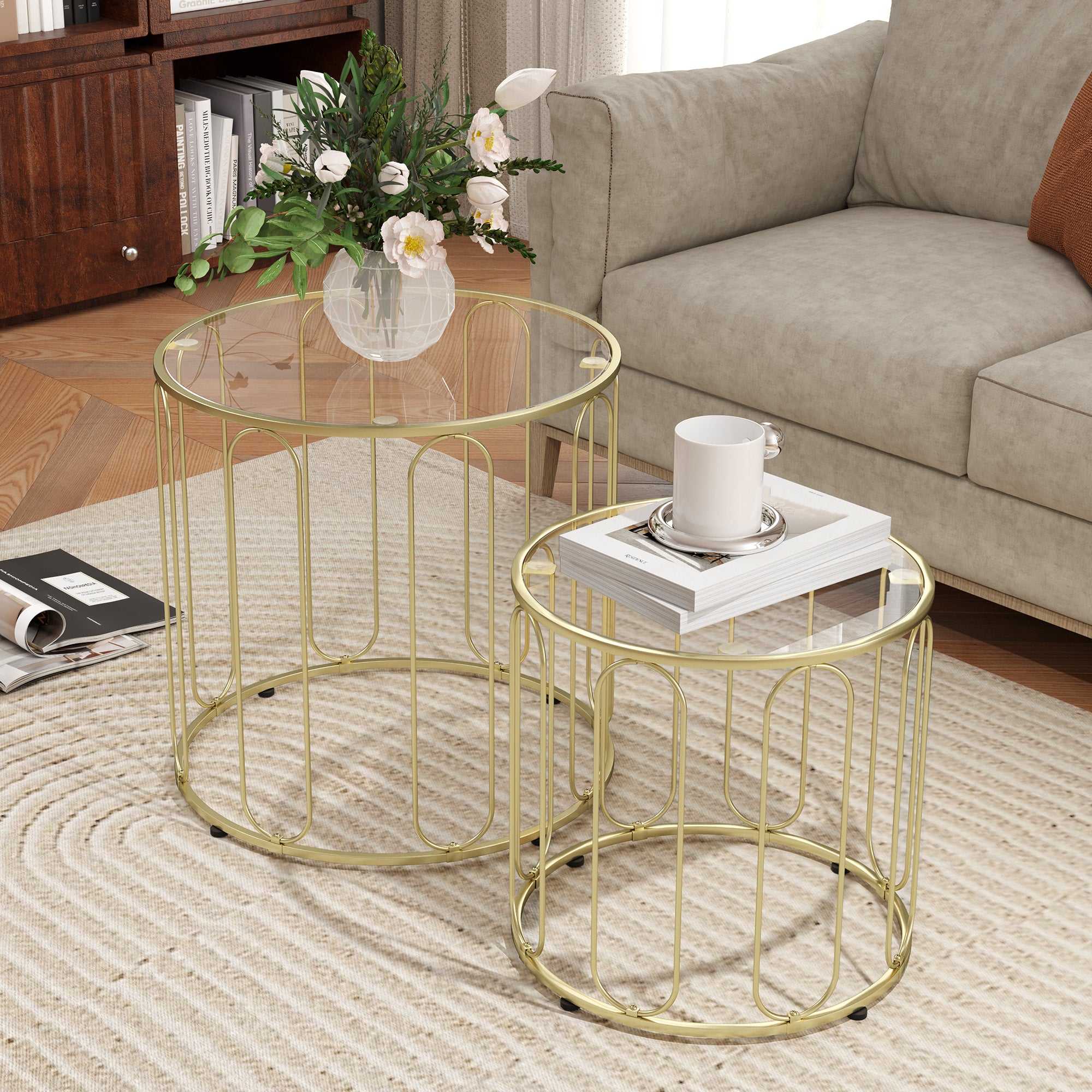 Elliptical Cut-Out Nesting Coffee Tables with Tempered Glass Tops - Gold-Tone