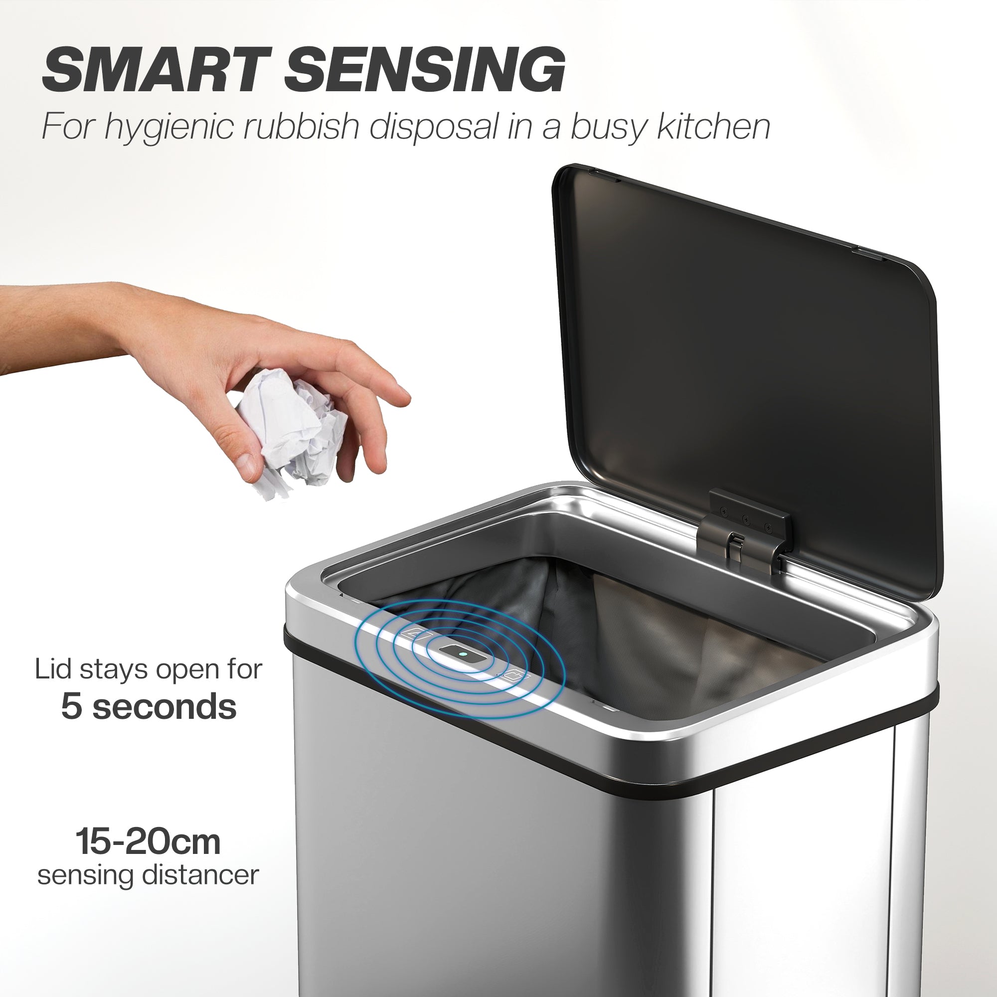 50L Sensor Bin with Soft-Close Lid, Stainless Steel Automatic Touchless Motion Sensor Kitchen Bin, Silver Tone