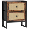 Bedside Table with 2 Rattan Drawers and Steel Legs for Bedroom & Living Room - Rustic Brown