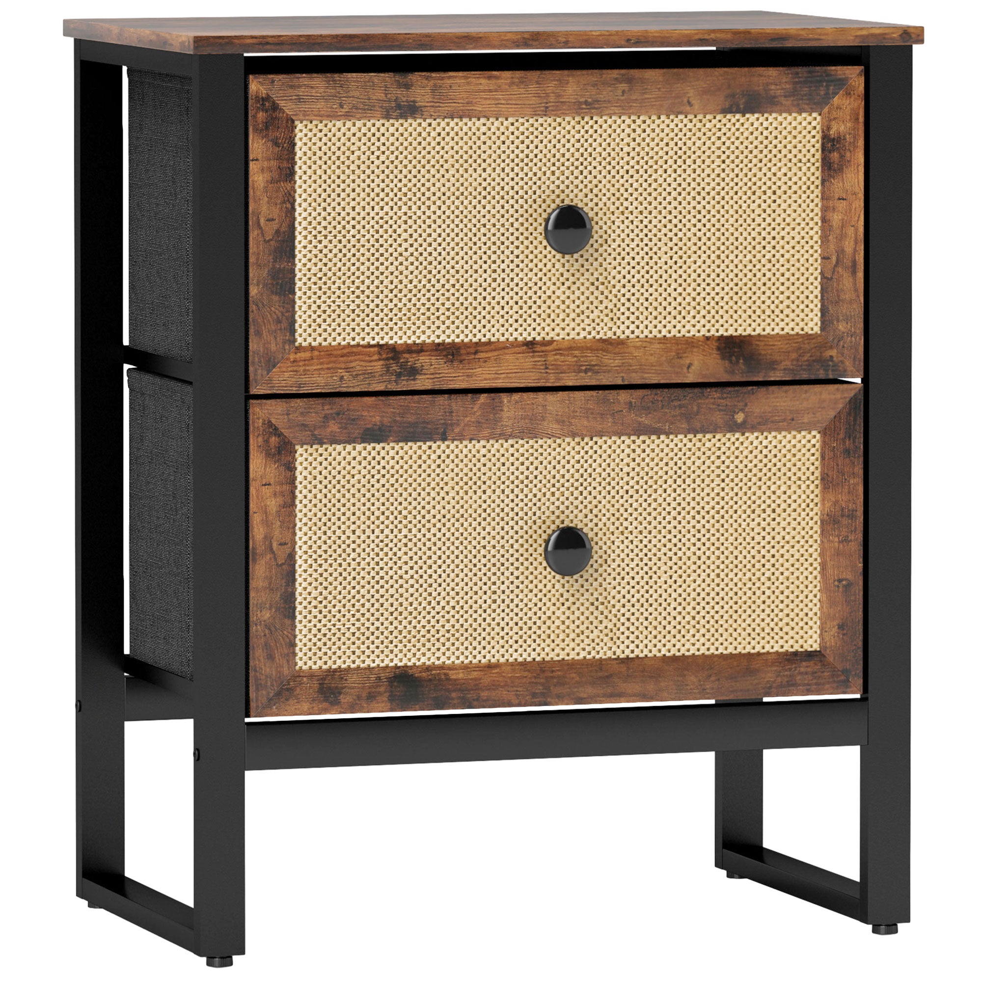 Bedside Table, Side Table with 2 Rattan Drawers, Bedside Cabinet with Storage and Steel Legs for Bedroom, Living Room, Rustic Brown