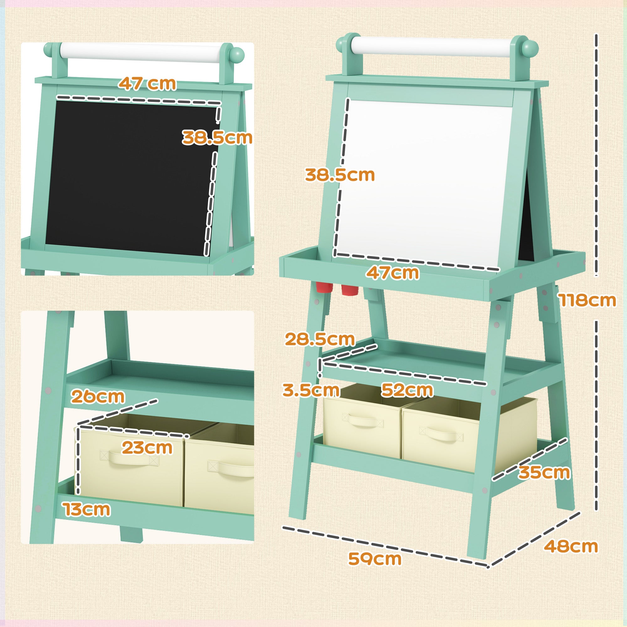 3 in 1 Kids Easel Double-Sided Magnetic Whiteboard and Chalkboard with Paper Roll, Storage Baskets - Green