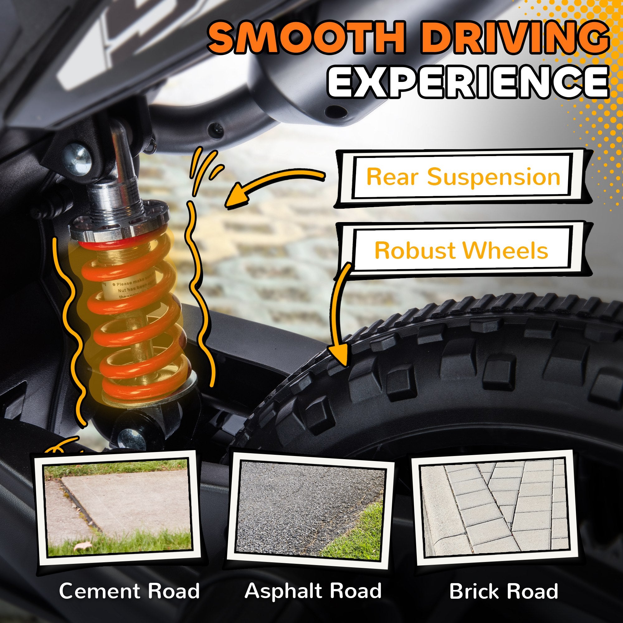 12V Aprilia Licenced Kids Motorbike with Training Wheels, Spring Suspension, LED Light, USB, Music, Yellow