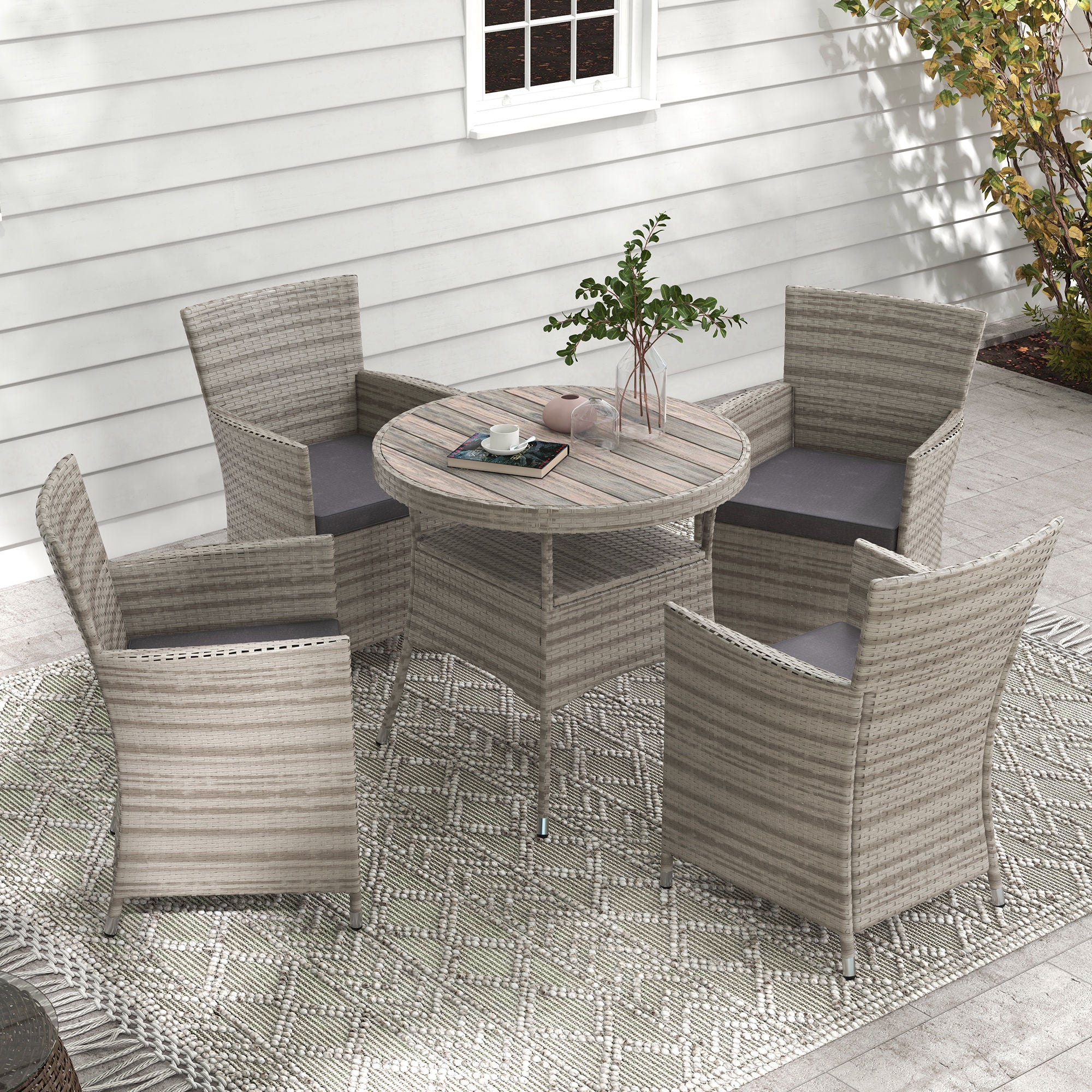Five-Piece Rattan Garden Set, with Two-Tier Table - Grey