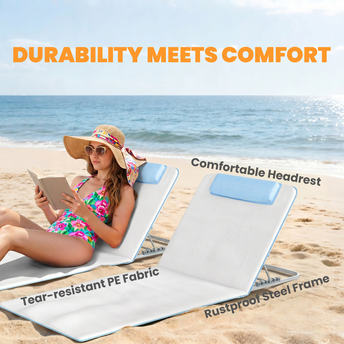 Set of 2 Foldable Garden Beach Chair Mat, Lightweight Outdoor Sun Lounger Seats with Adjustable Back, Metal Frame, PE Fabric Head Pillow and Carry Bag, Cream White