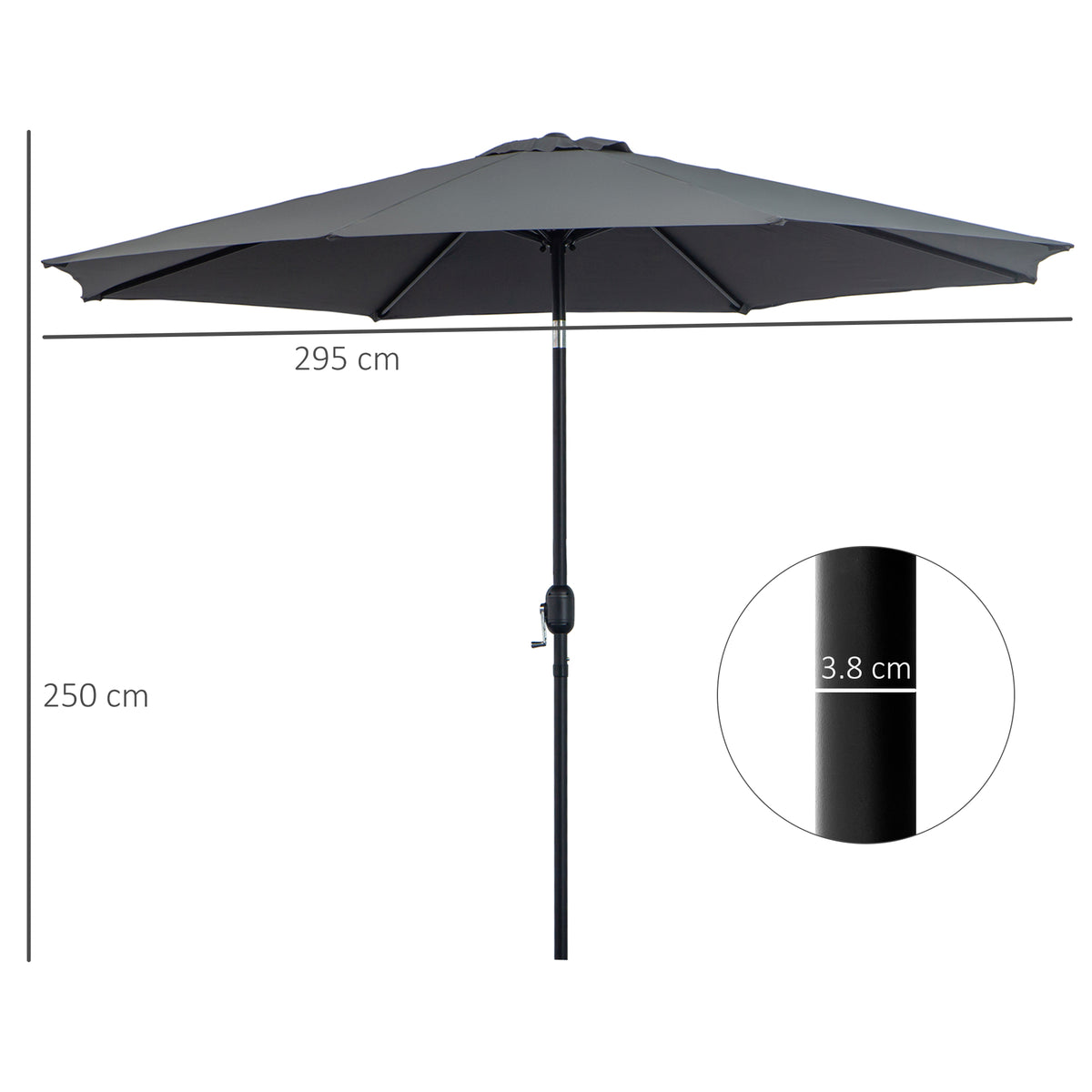 3m Tilting Garden Parasol with 8 Ribs, Crank Handle & Sun Shade for Balcony, Bench - Dark Grey
