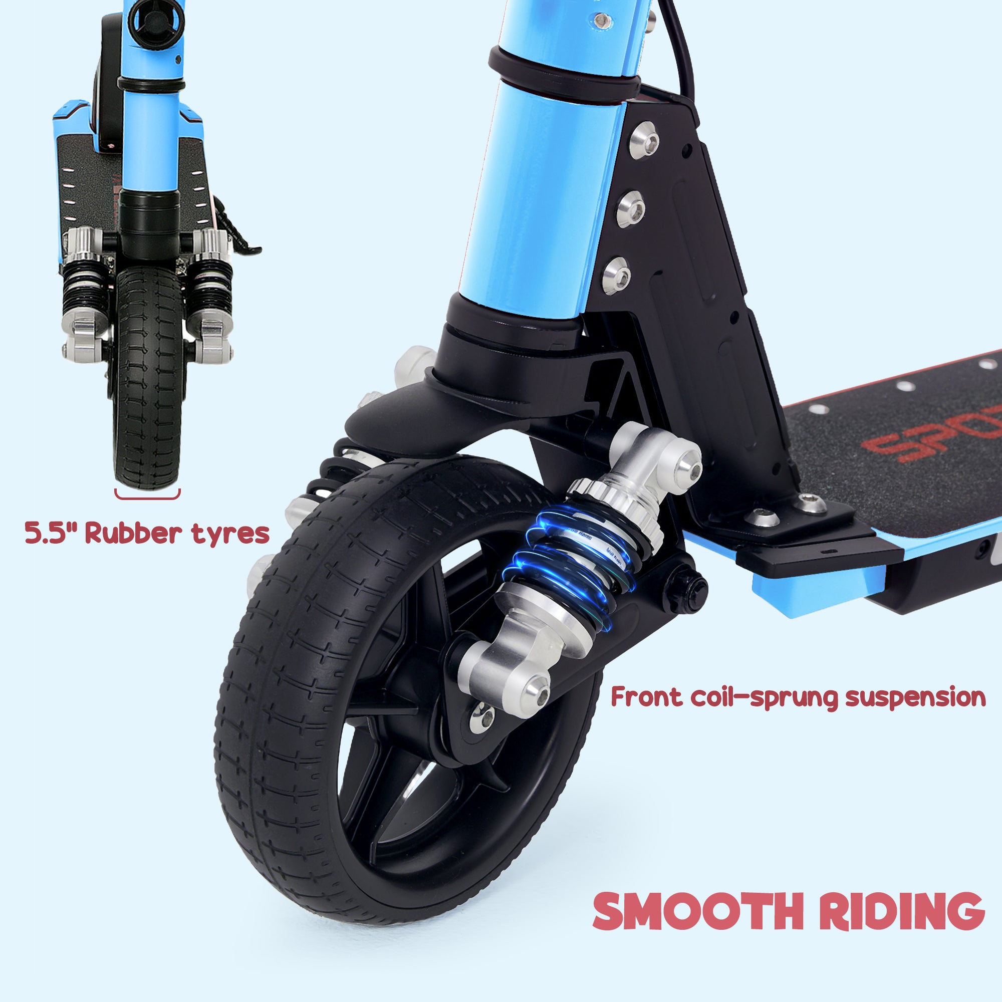 Folding Electric Scooter for Kids 6-14 with Dual Brakes, Front Suspension & LED Lights - Blue