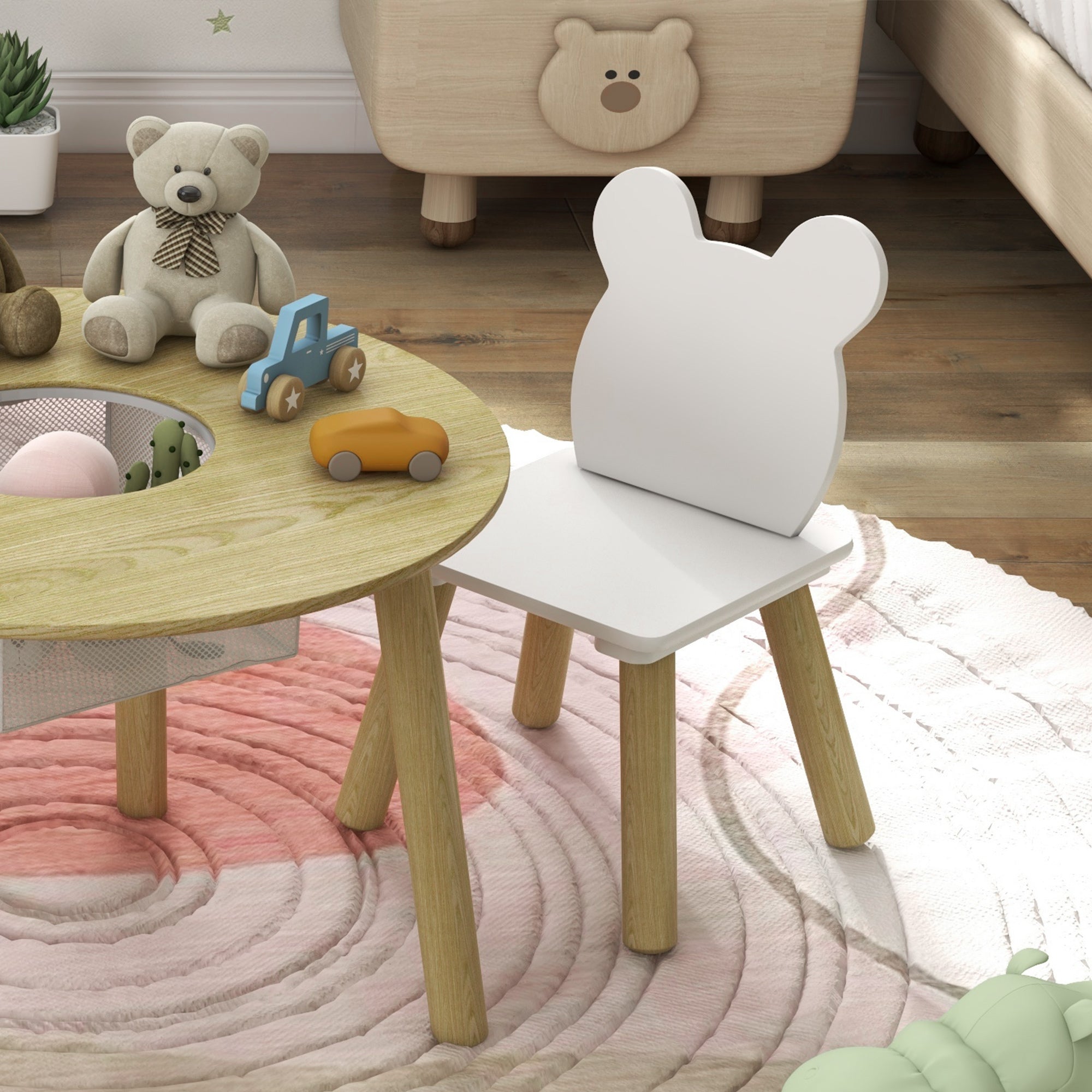 3 Piece Kids Activity Table Set with Mesh Storage and Bear Backrest - Pink
