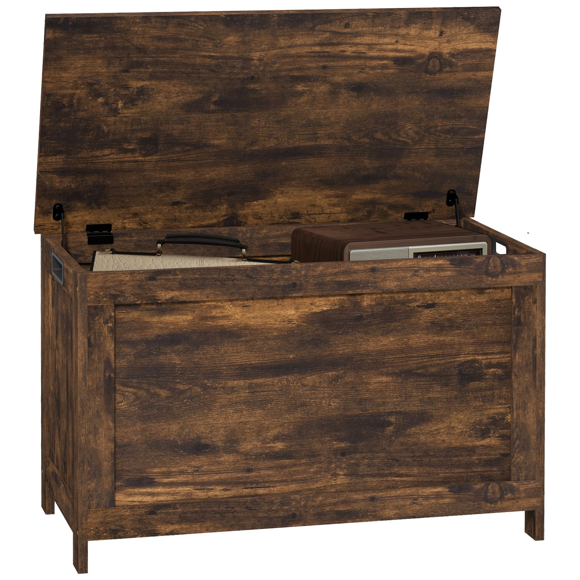 Storage Chest, Modern Storage Trunk with 2 Safety Hinges and Cut-out Handles, Wooden Toy Box for Living Room, Entryway, 76 x 40 x 48 cm, Rustic Brown
