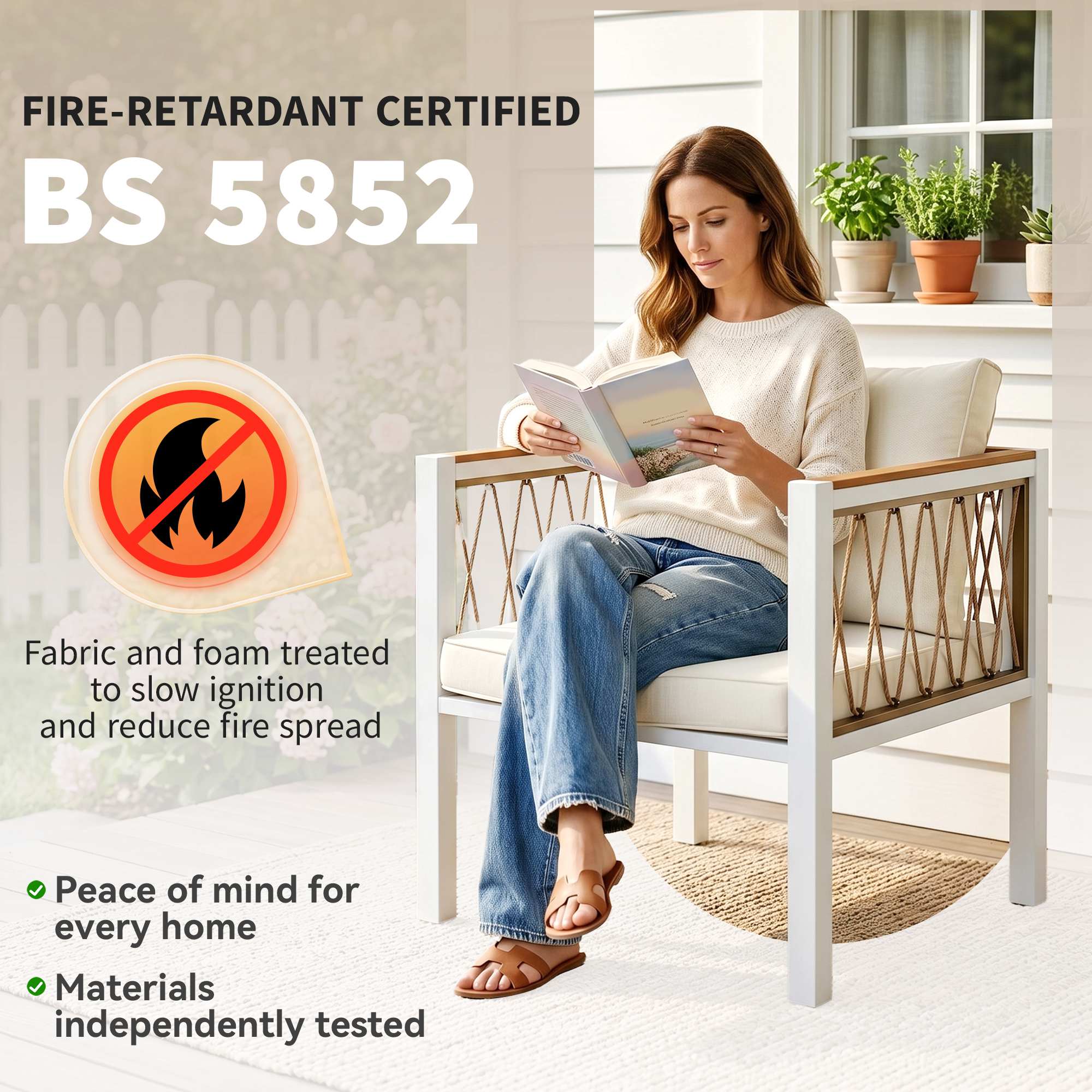 4 Piece Rattan Garden Furniture Set with Loveseat, 2 Armchairs, Table, Metal Frame Patio Conversation Set, Cream White