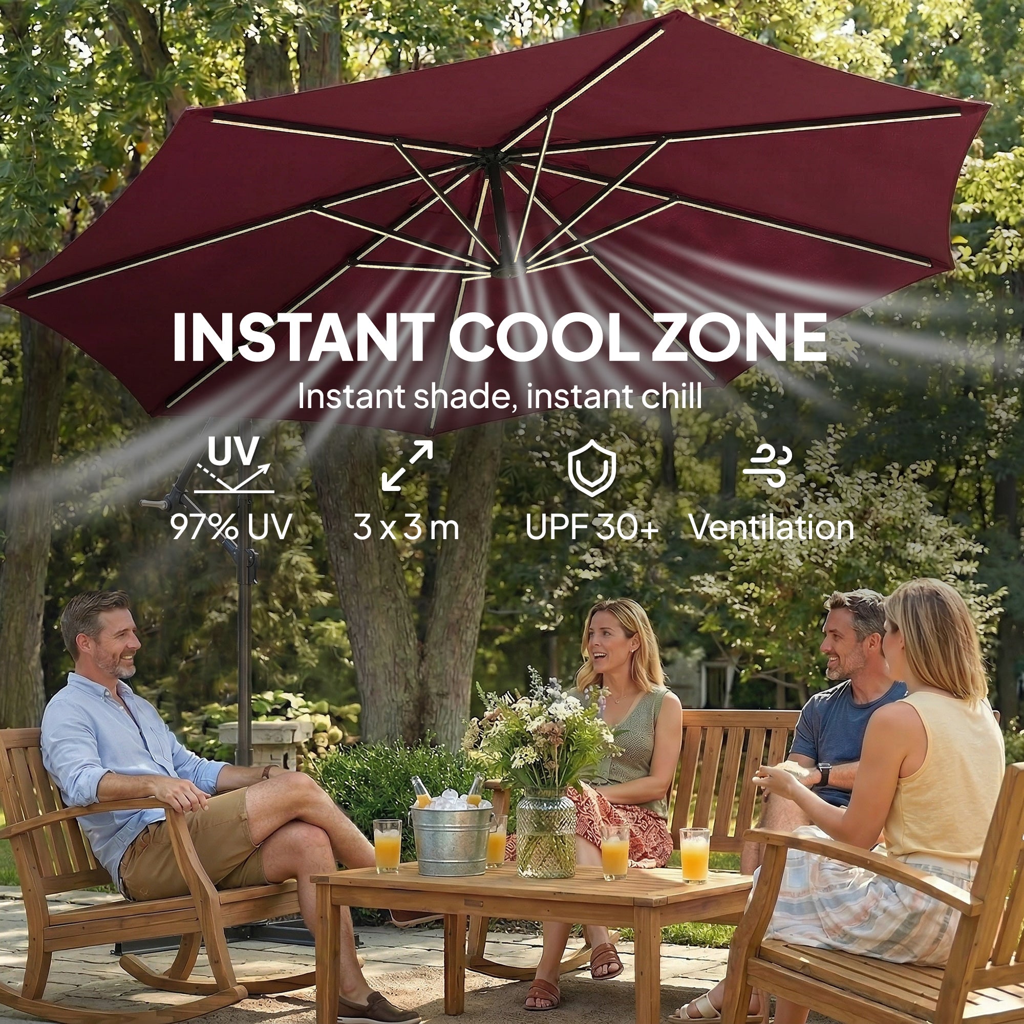 3 m Garden Cantilever Parasol with LED Solar Light, Round Overhanging Umbrella with 360° Rotation, Cover, Wine Red