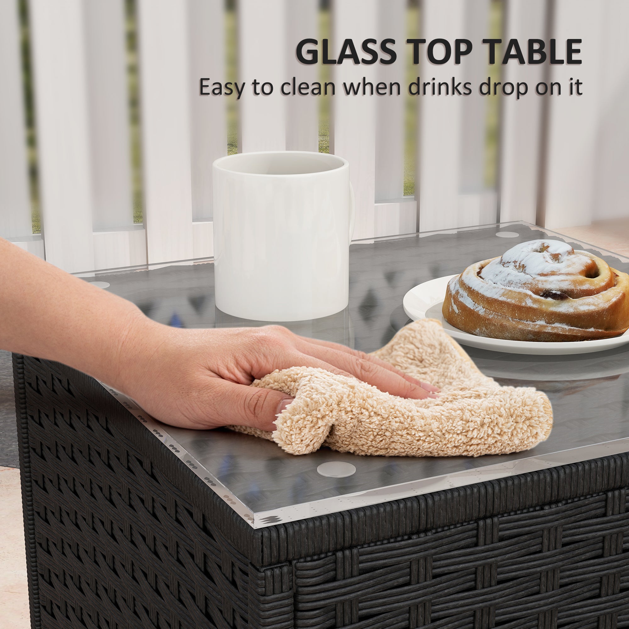 3 Piece Rocking Chair Rattan Bistro Set with Glass Table - Black