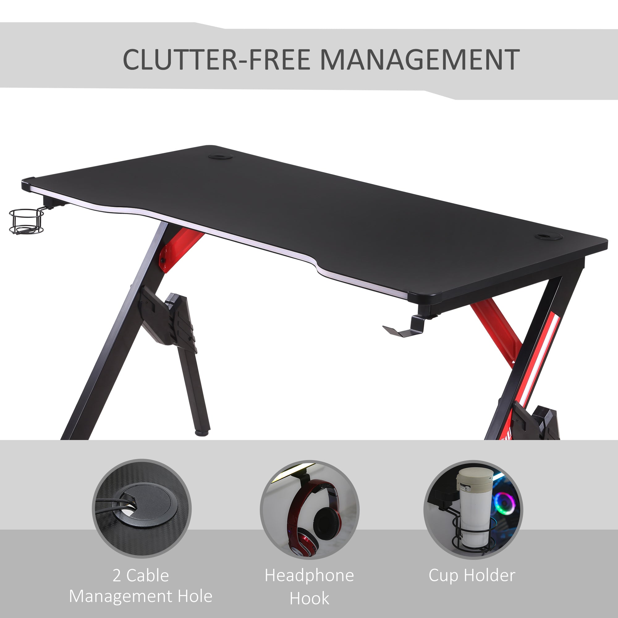 1.2m Gaming Desk w/ RGB Light Steel Frame | Racing Style Computer Table w/ Cup Holder Headphone Cable Management | Study Workstation Home Bedroom - Black