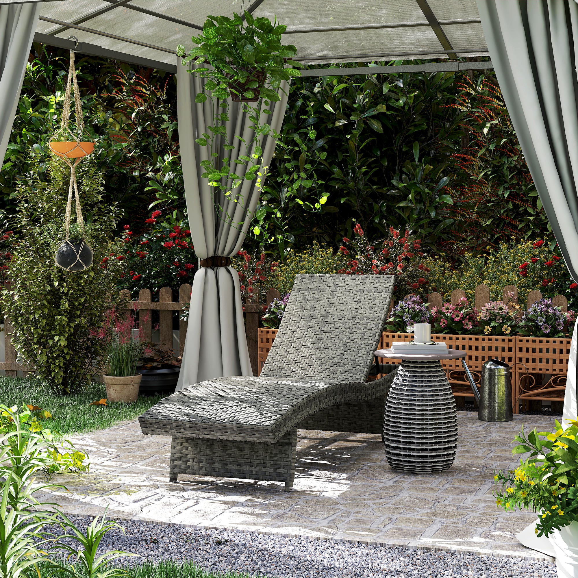 Outdoor PE Rattan Sun Lounger, Folding Wicker Garden Lounger Recliner with 4-Level Adjustable Backrest, Rolling Sunbed Lounge Chair with Wheels, Non-Slip Legs for Balcony, Beach, Mixed-grey