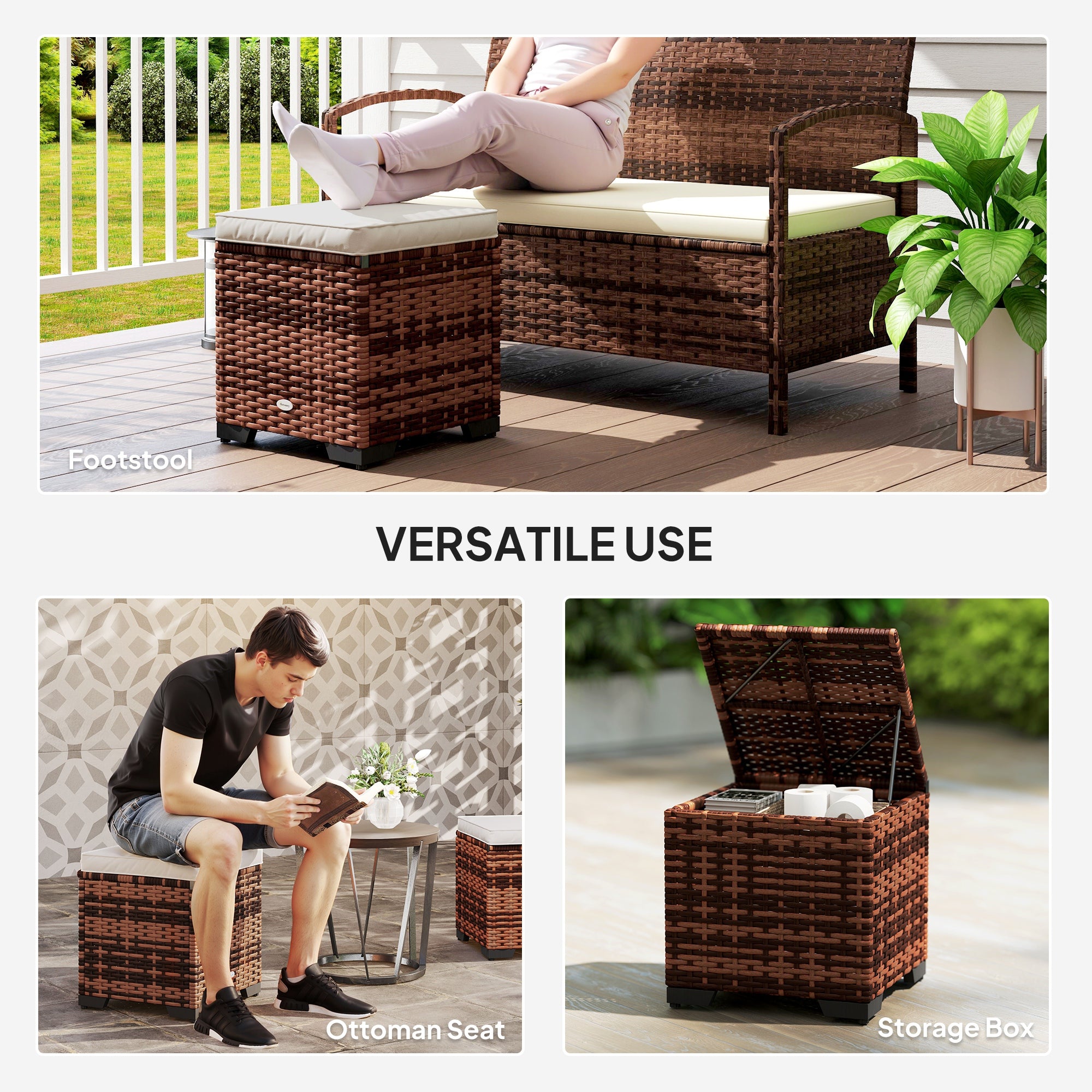 Set of 2 Rattan Storage Ottomans with Removable Cushions Beige