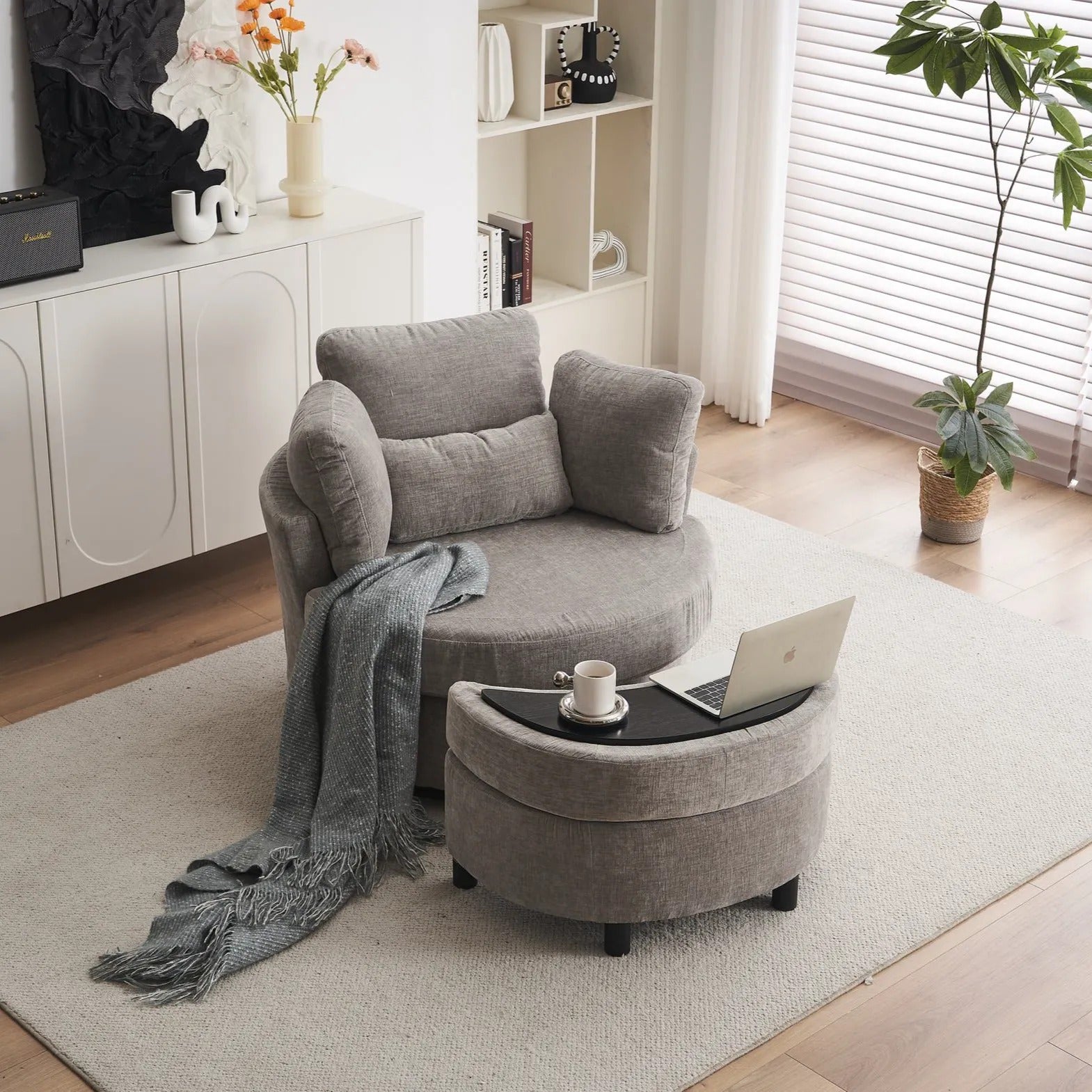 Chenille Swivel Armchair with 3 Back Cushions and Crescent Ottoman Stool, 360° Swivel Recliner Sofa, 107L x 105W x 82H cm, Grey