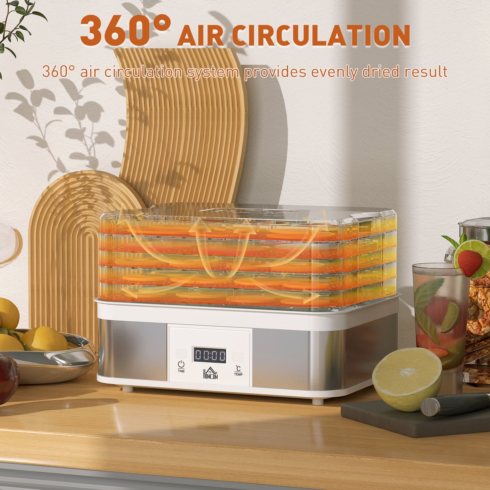 5 Tier Food Dehydrator, 245W Stainless Steel Food Dryer Machine with Adjustable Temperature, Timer and LCD Display for Drying Fruit, Meat, Vegetable, Jerky and Pet Treat, White