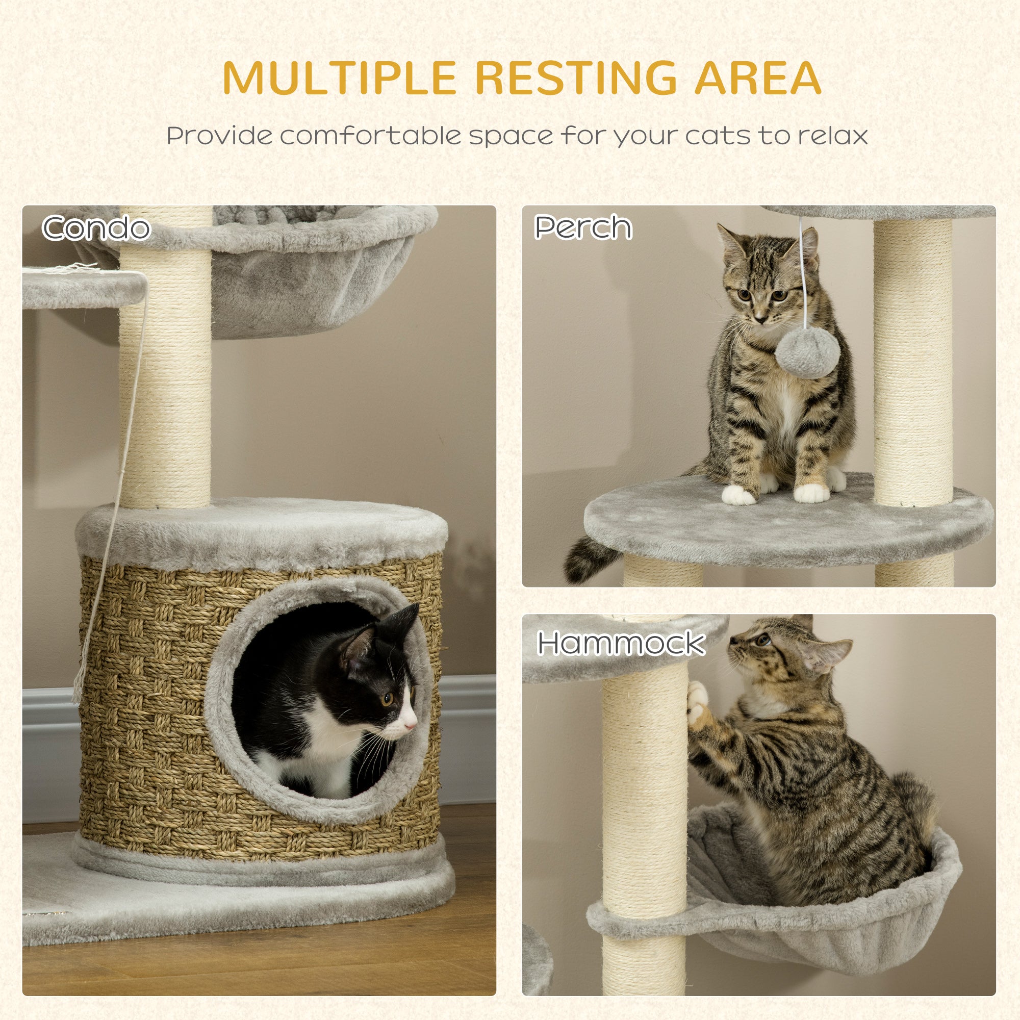 Multi Level Cat Tree, with Scratching Post, Toy Ball, Cat House and Hammock - Light grey