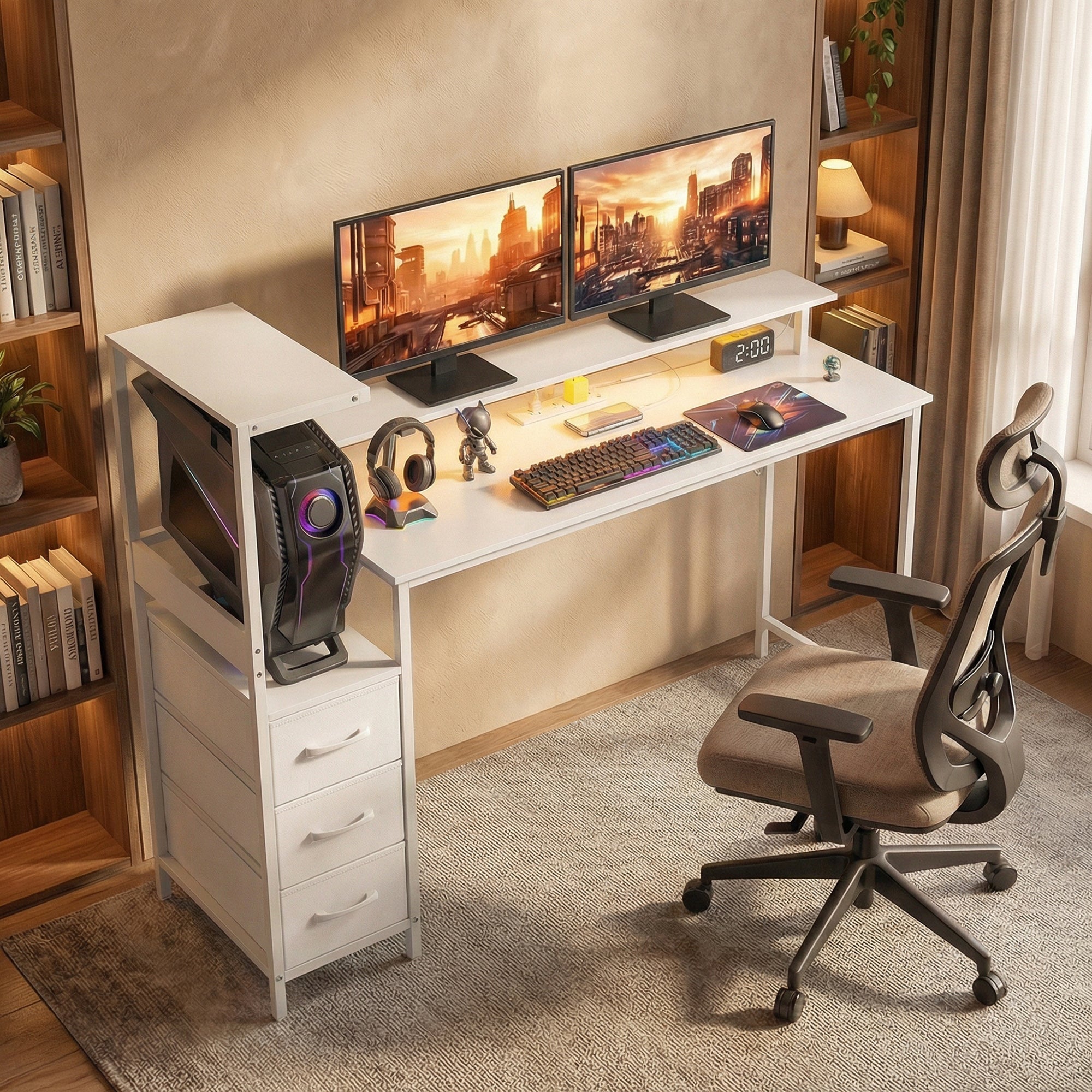 147cm Gaming Desk with Charging Station and Monitor Stand, Computer Table for Home Office with RGB Lights, White