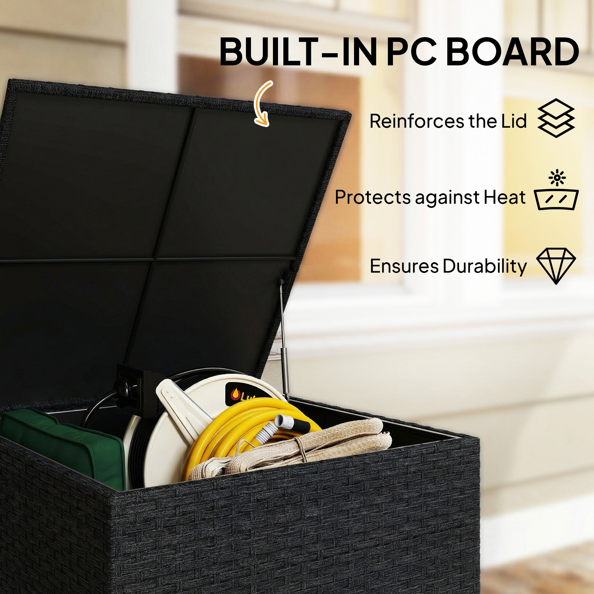 253L Garden Storage Box, Rattan Deck Box with Zipped Liner, Safe Pneumatic Rod, Patio Storage Container, Black