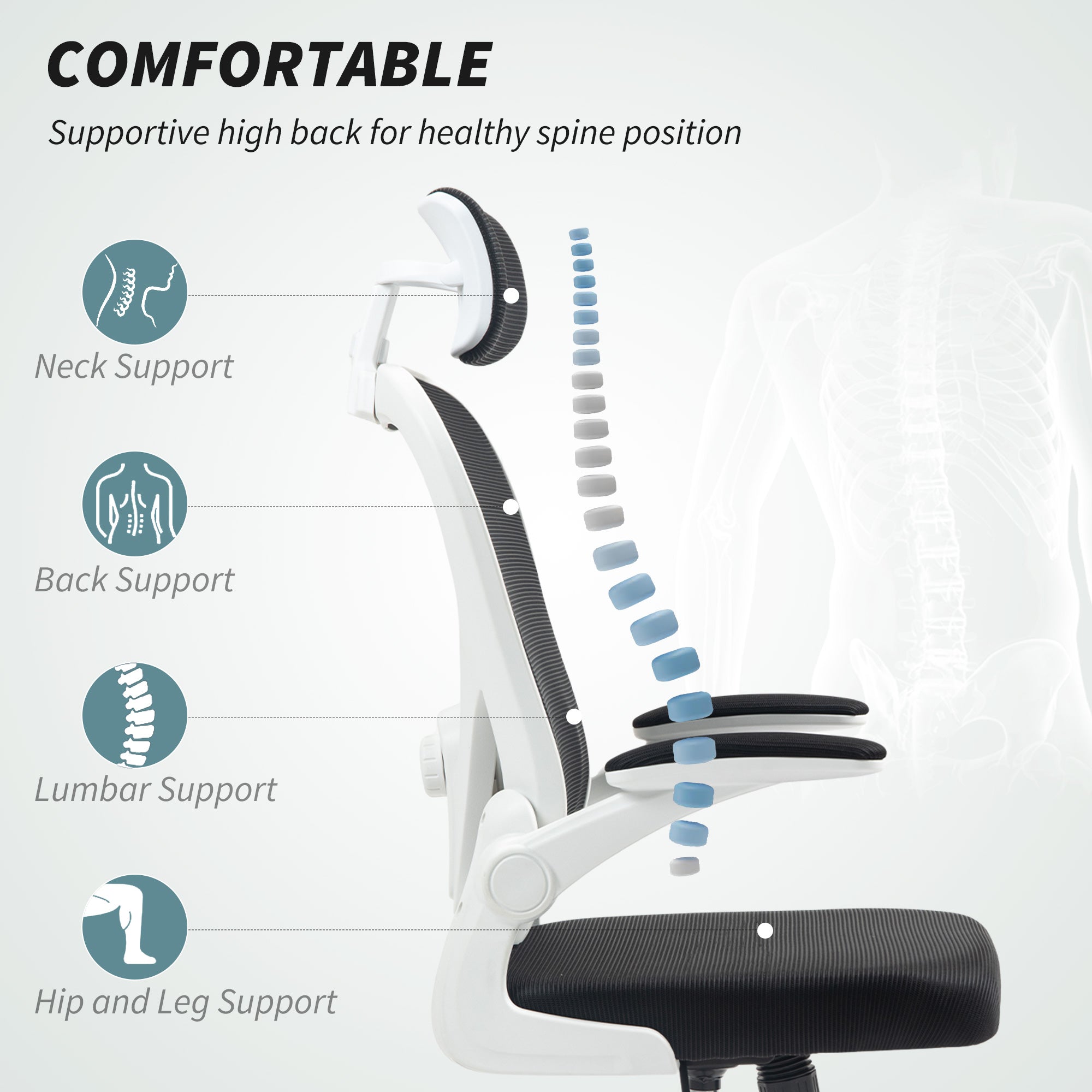 Executive Office Chair, Ergonomic Mesh High Back Desk Chair with Flip-up Armrest, Rotatable Headrest, Adjustable Lumbar Support for Home Study, Black