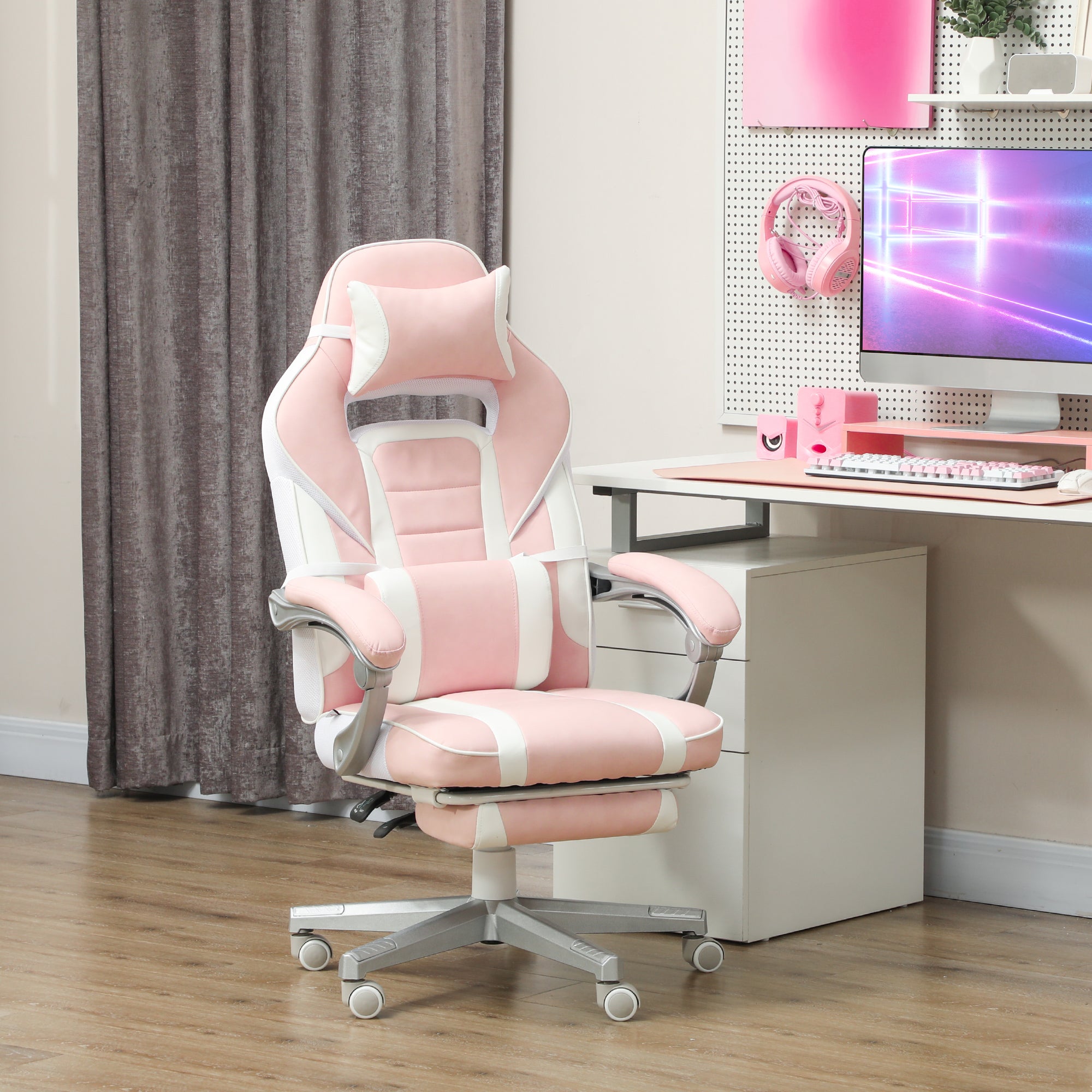 Faux Leather Reclining Gaming Chair, with Footrest - Pink/White