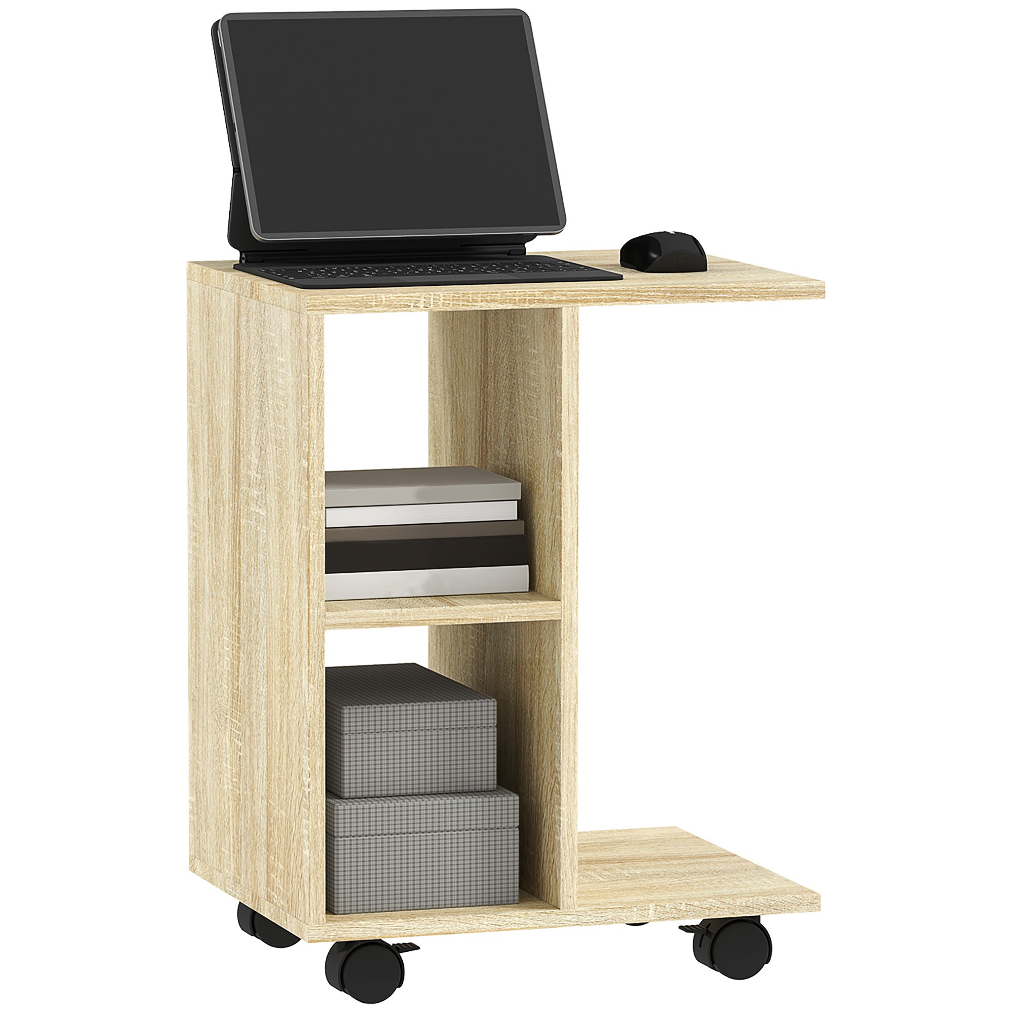 C-Shape End Table Unique Storage Unit w/ 2 Shelves 4 Wheels Freestanding Home Office Furniture Cabinet Square Studio Natural