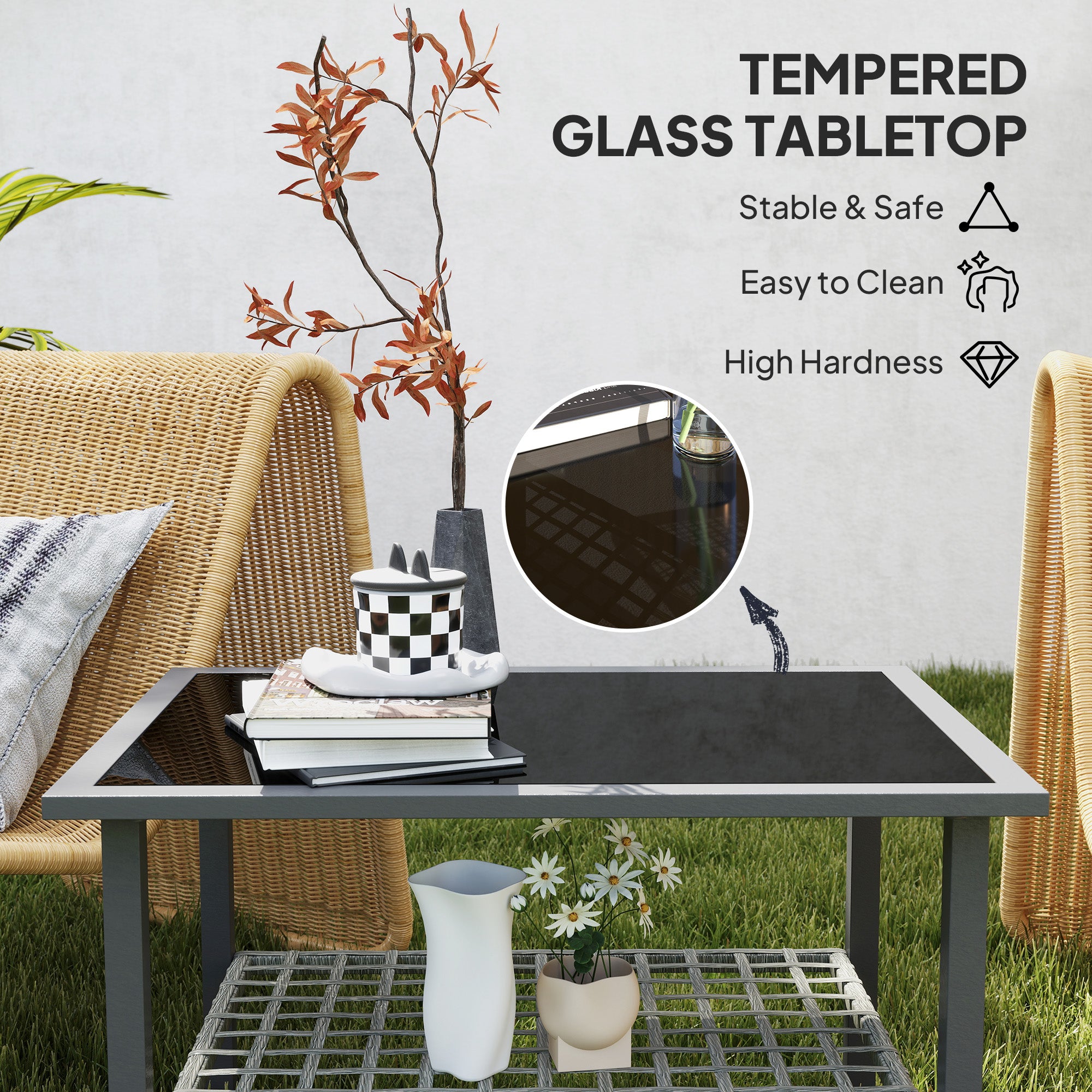 Outdoor Rattan Coffee Table with Tempered Glass Top and Storage Shelf - Mixed Grey