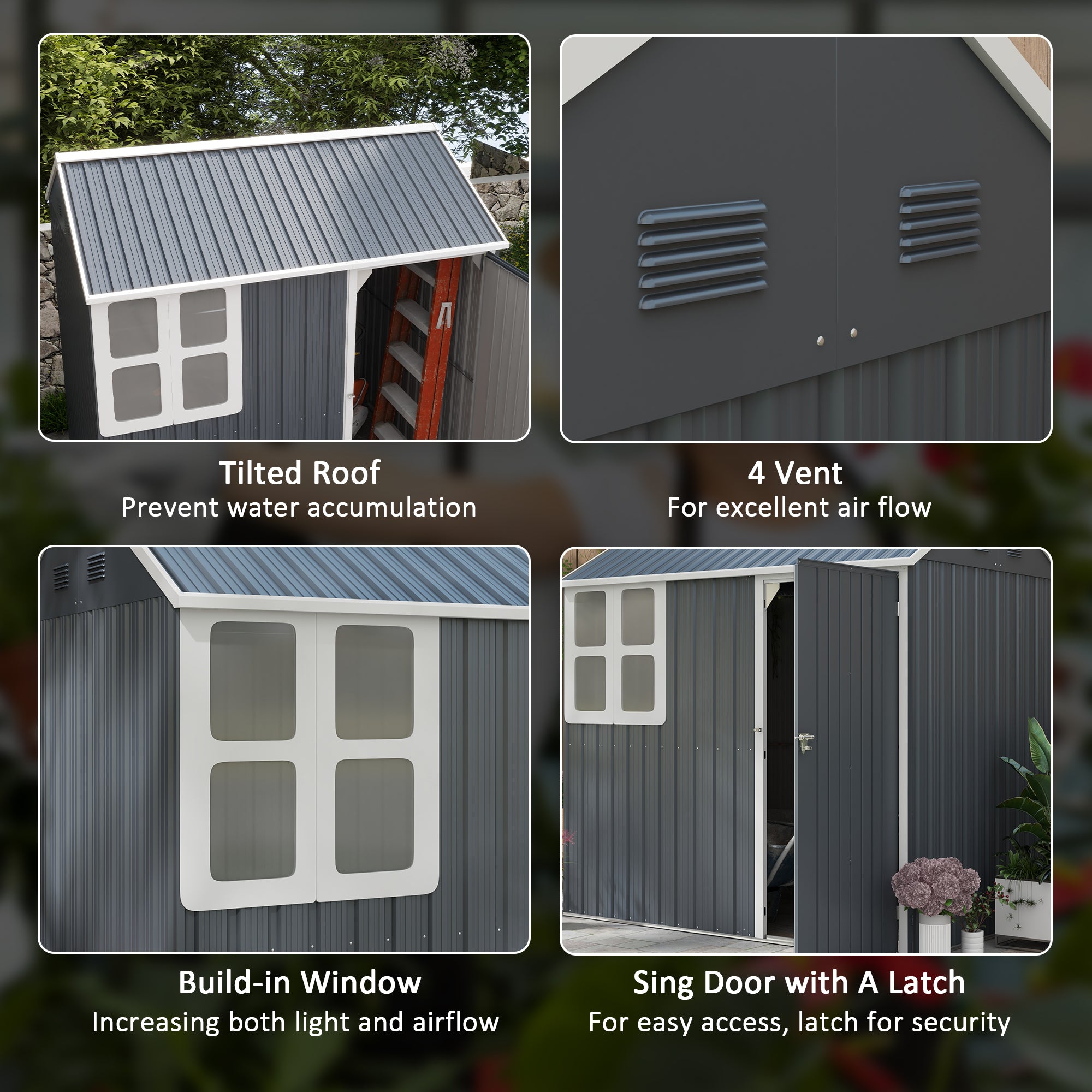 7ft x 6ft Galvanised Metal Garden Shed with Window - Dark Grey