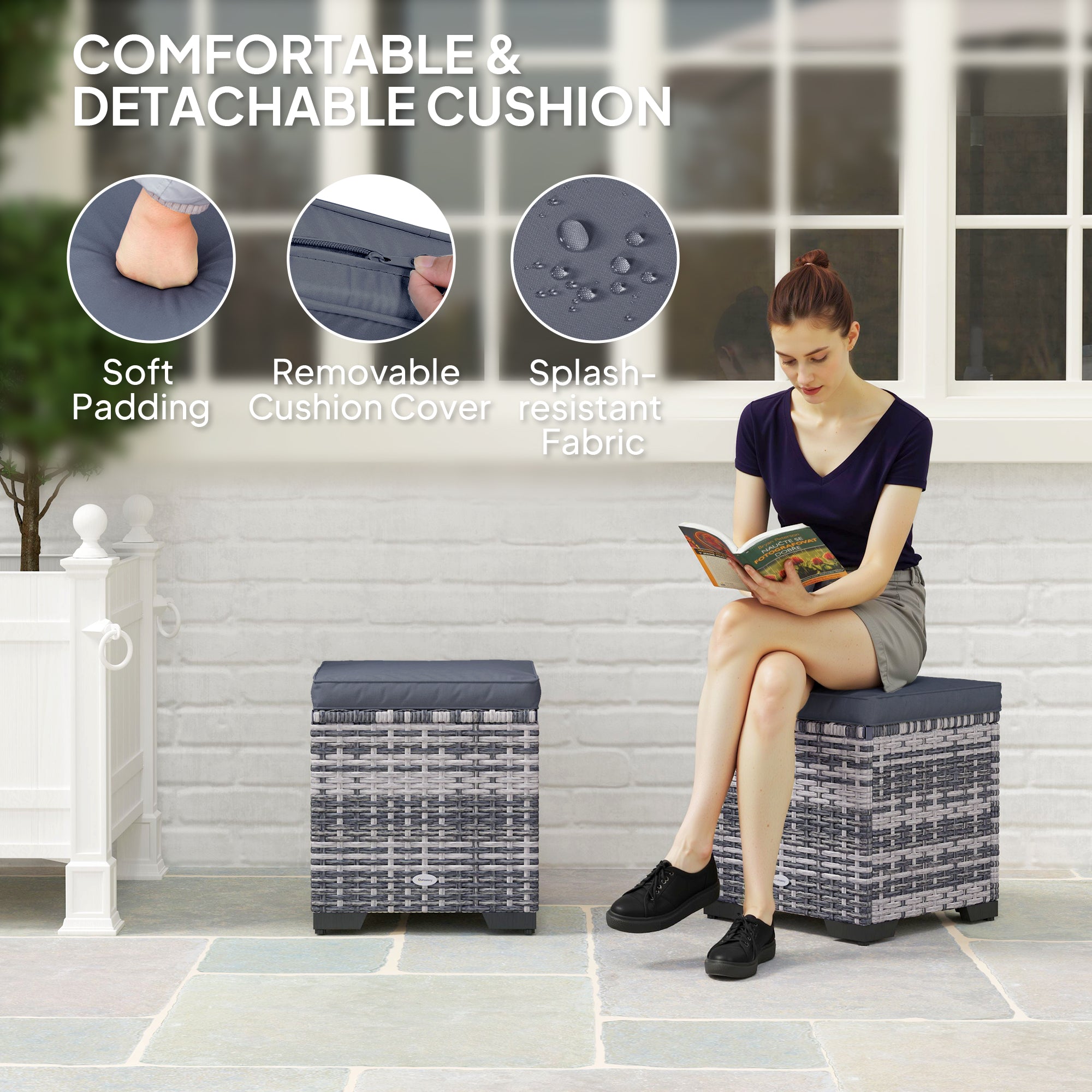 Set of 2 Rattan Storage Ottomans with Removable Cushions - Dark Grey