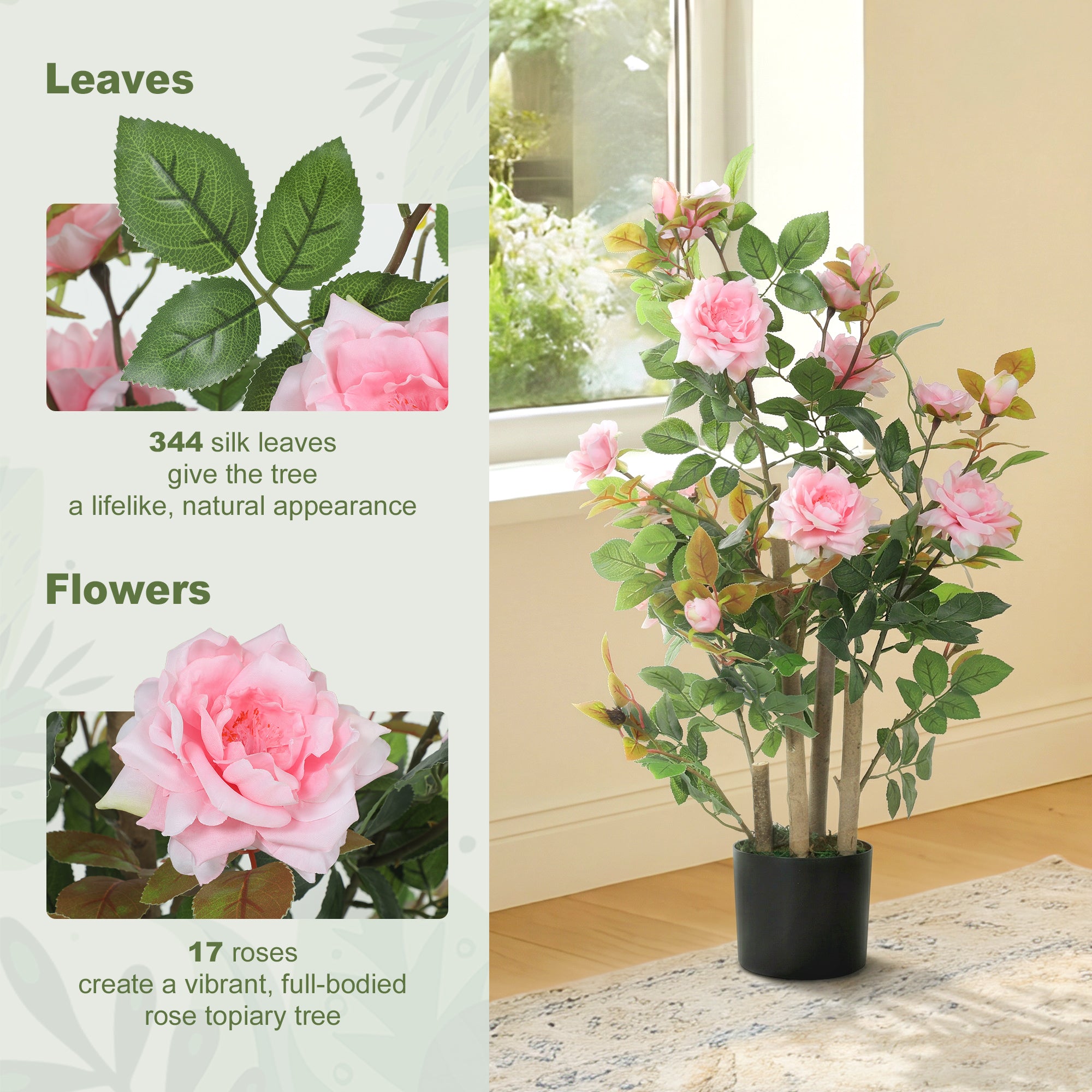 90cm Artificial Rose Tree, Decorative Fake Plant with 344 Silk Leaves 17 Flowers for Outdoor Indoor Decor, Pink