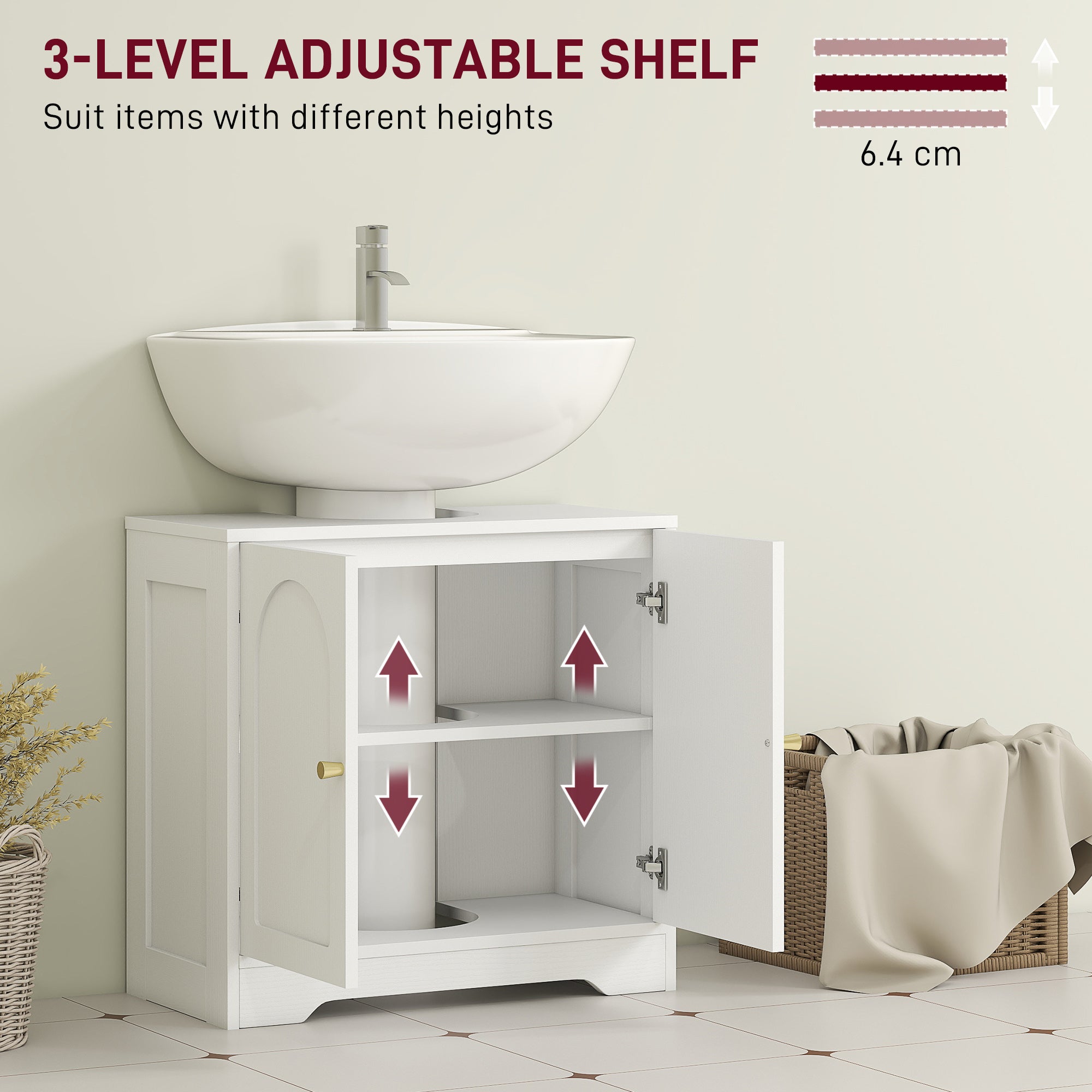 Under Sink Bathroom Cabinet with 2 Arch Doors - White
