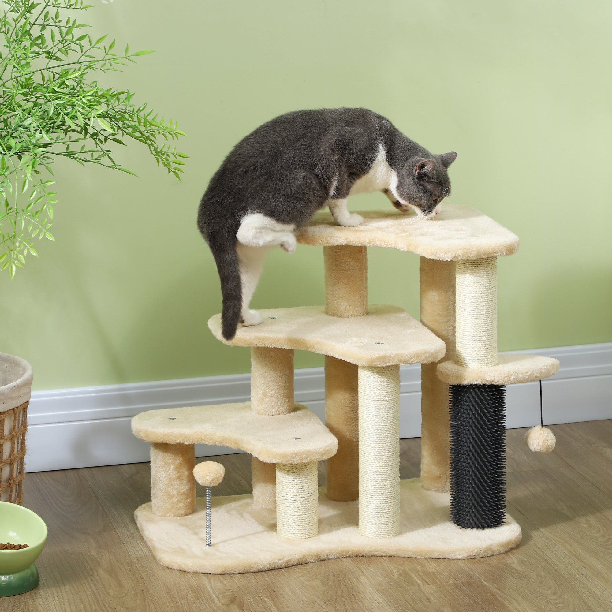 2-in-1 Cat Tree, Pet Stairs with Scratching Tickling Post, Toy Balls, for Bed, Sofa, Couch, Beige