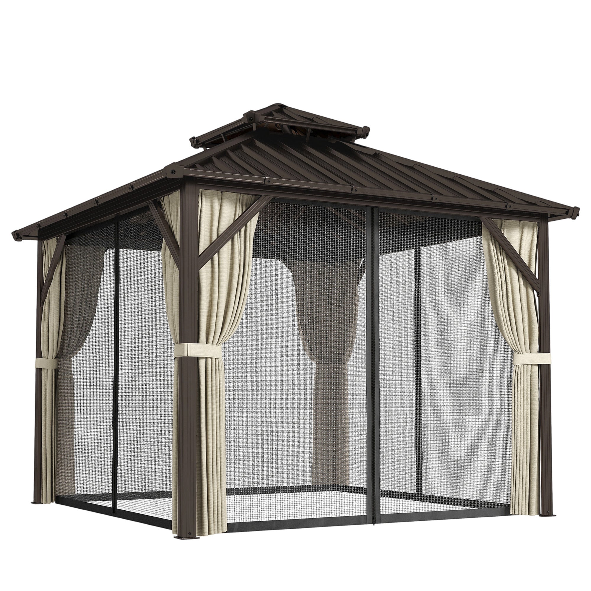3x3 m Hardtop Gazebo Canopy with UPF50+ Double Galvanised Steel Roof, Aluminium Garden Gazebo Permanent Pavilion, Brown