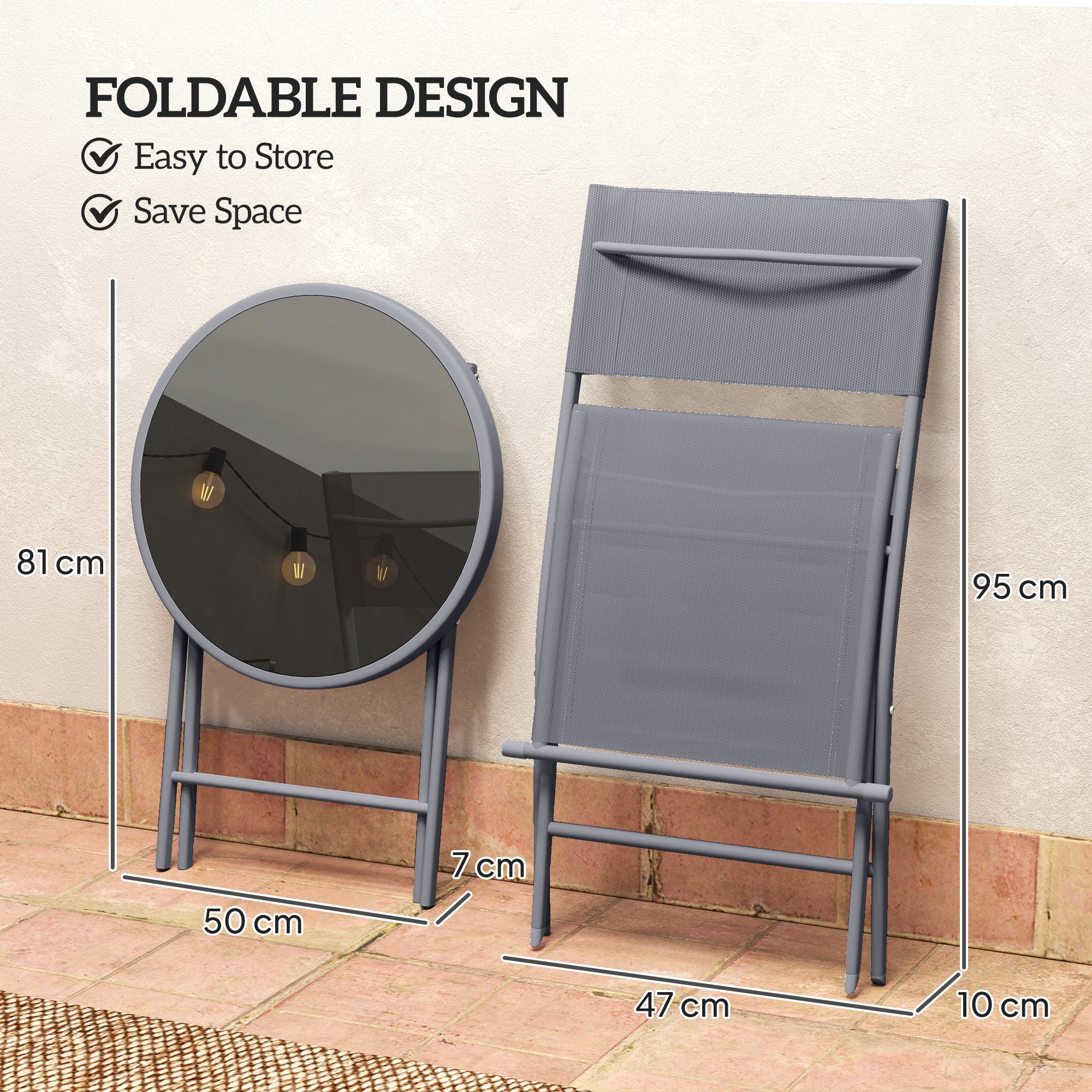 3 Pieces Outdoor Bistro Set, Glass Top Outdoor Table and 2 Folding Chairs with Protecting Feet, Grey