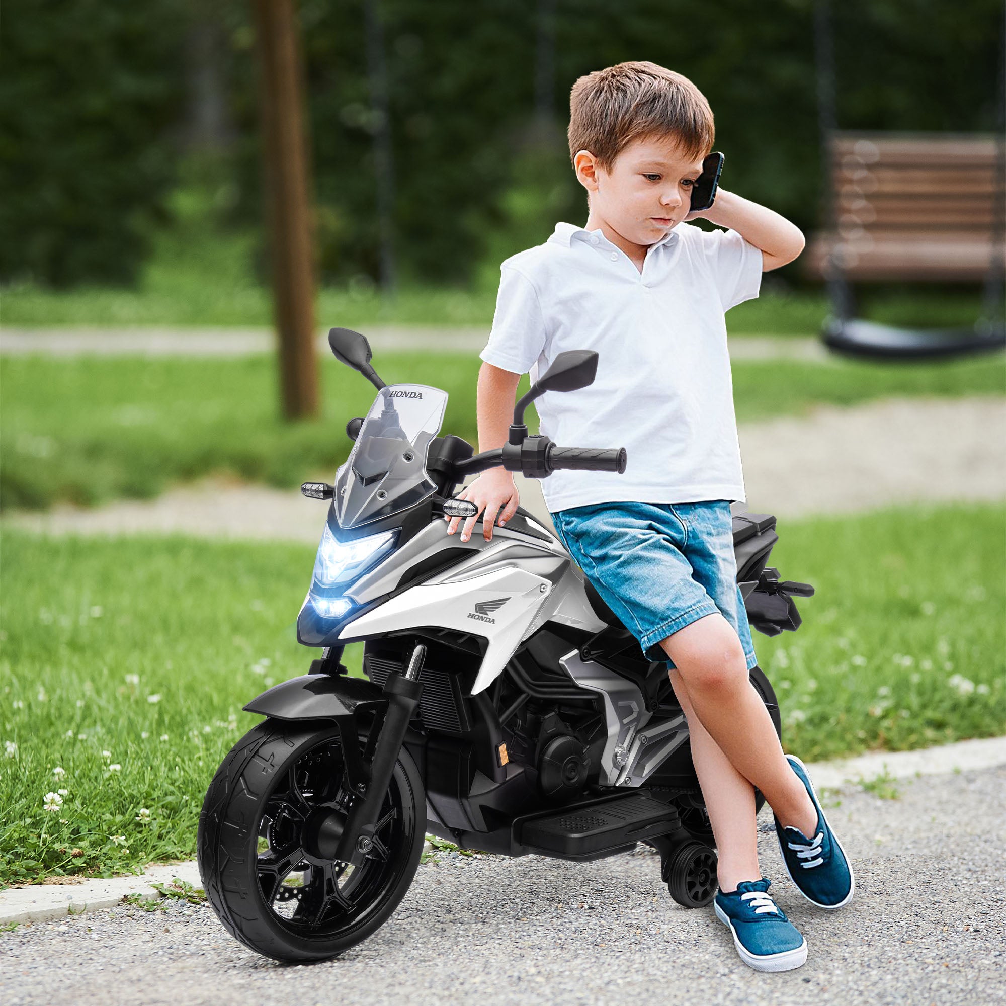 12V Honda Licensed Kids Electric Motorbike w/ Music, Headlights, Early Education Function, for Ages 3-6 Years, White