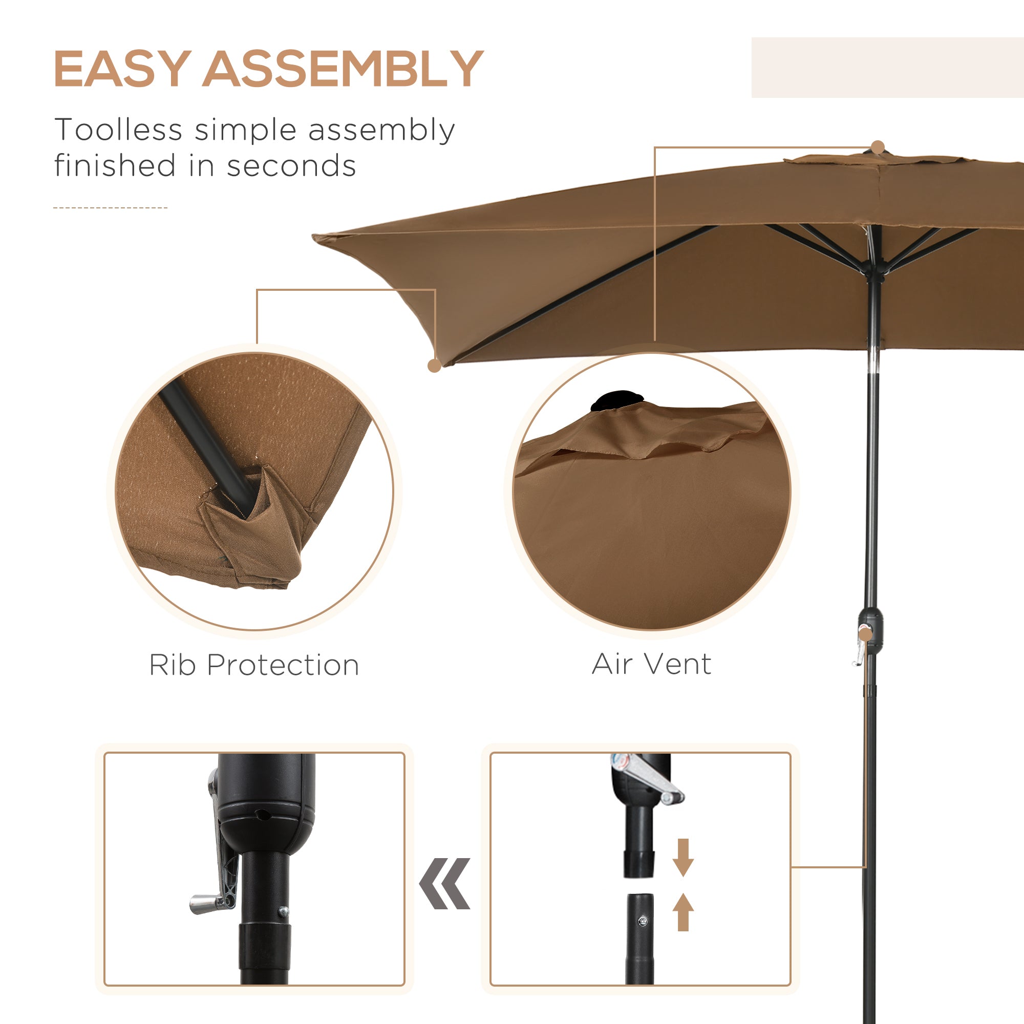 3x2m Garden Parasol Umbrella Outdoor Sun Shade Canopy with Tilt and Crank, Aluminium Frame Rectangular, Brown