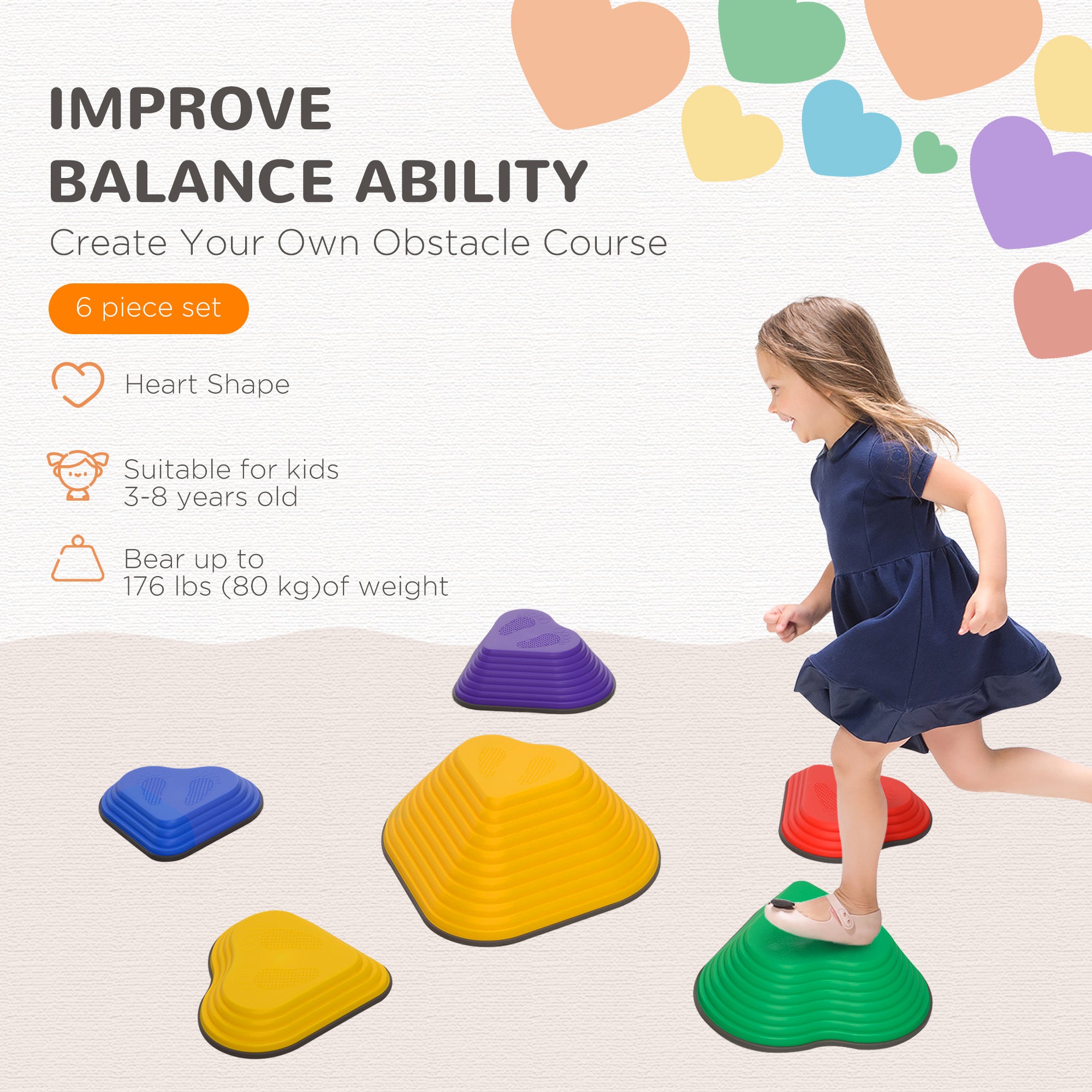 6PCs Heart-Shaped Kids Stepping Stones Balance & Motor Skills, Multicoloured