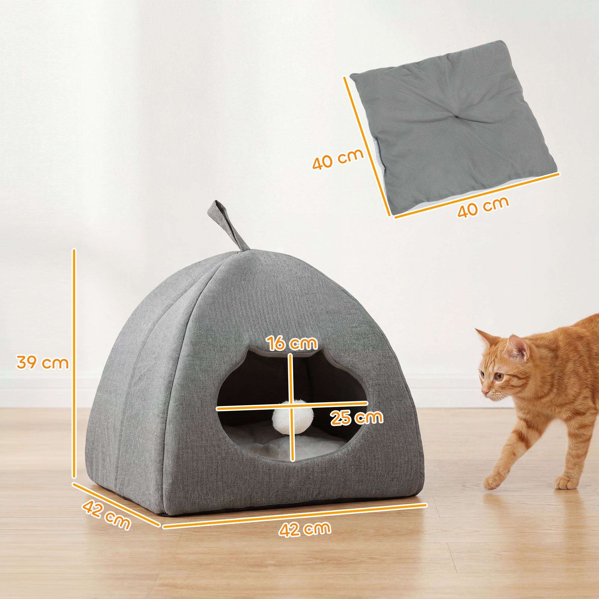 Cat Cave Bed for Indoor Kittens, Cat House with Removable Cushion and Teaser Ball, Kitty Igloo with Anti-Slip Base, 42 x 42 x 39 cm, Grey