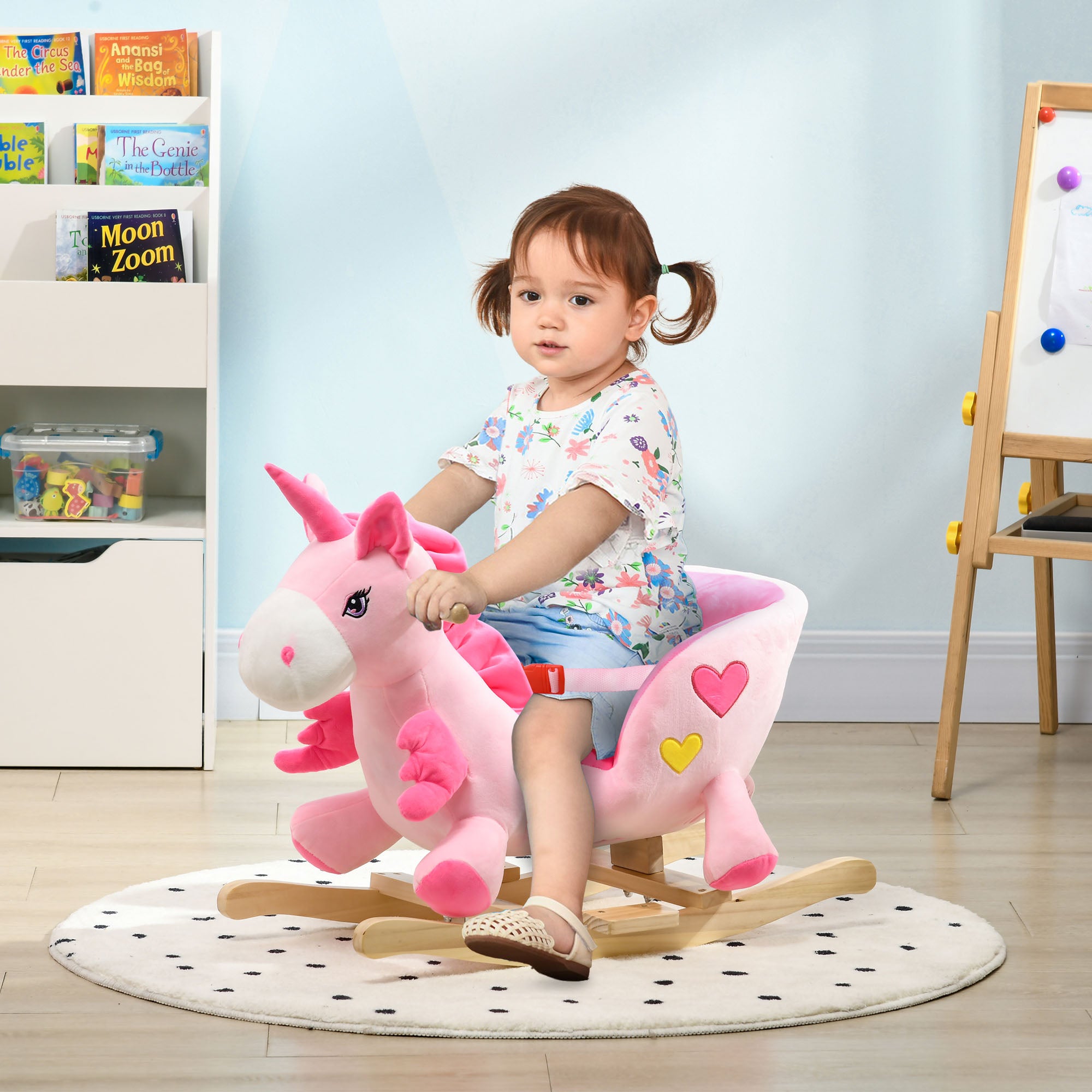 Kids Rocking Horse Ride on Unicorn with Songs, Wooden Base, Seatbelt, for Ages 18-36 Months, Pink