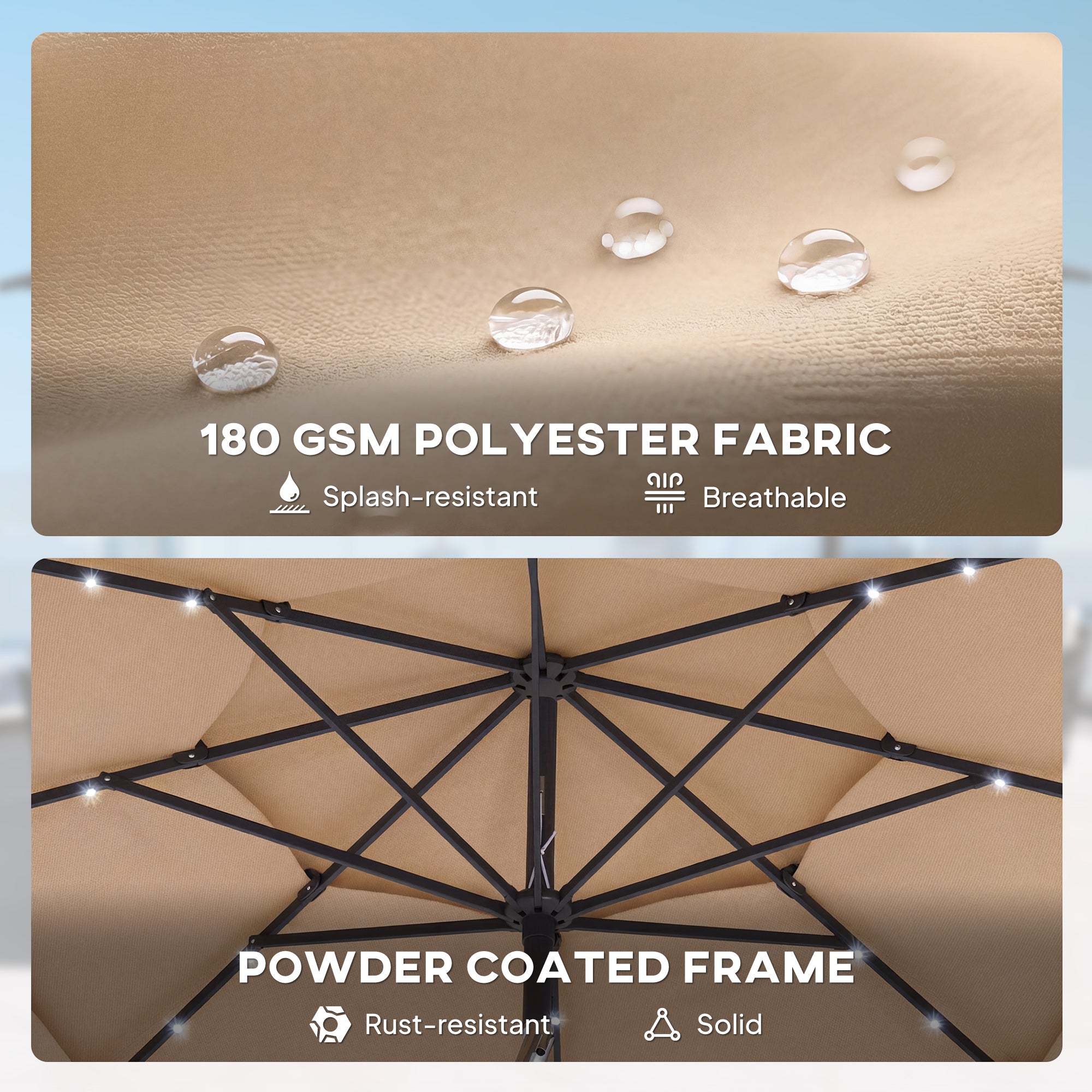 2.8 m Garden Parasol Umbrella with LED Solar Light, Parasol Cover, 3 Tier Outdoor Table Market Patio Umbrella, Khaki