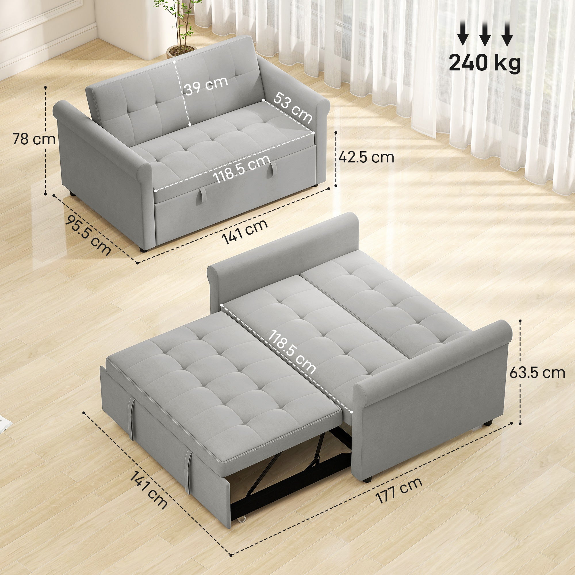 Two-Seater Velvet-Feel Sofa Bed - Grey