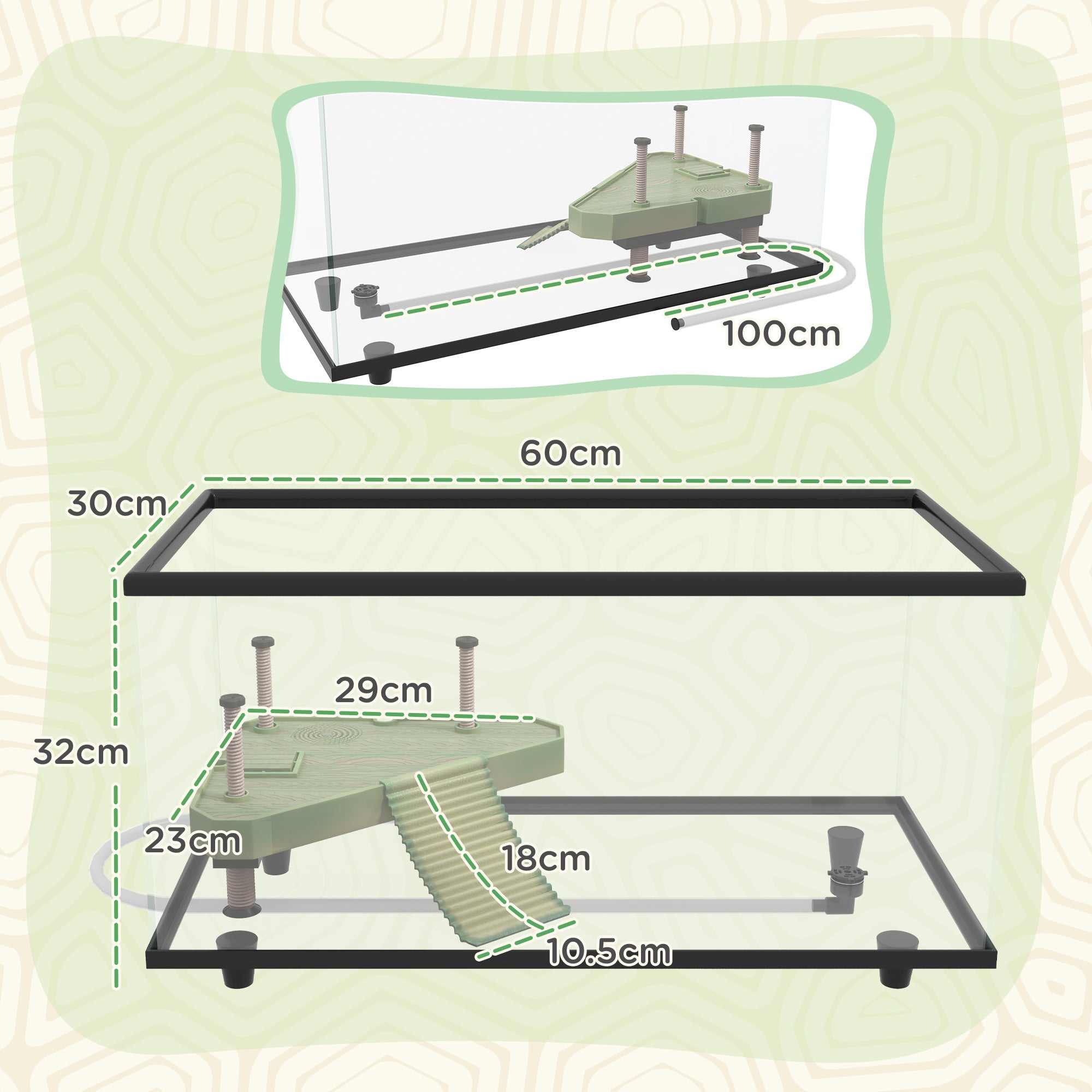 50L Glass Turtle Tank Aquarium with Basking Platform, Easy Drainage, Strip Patch Thermometer