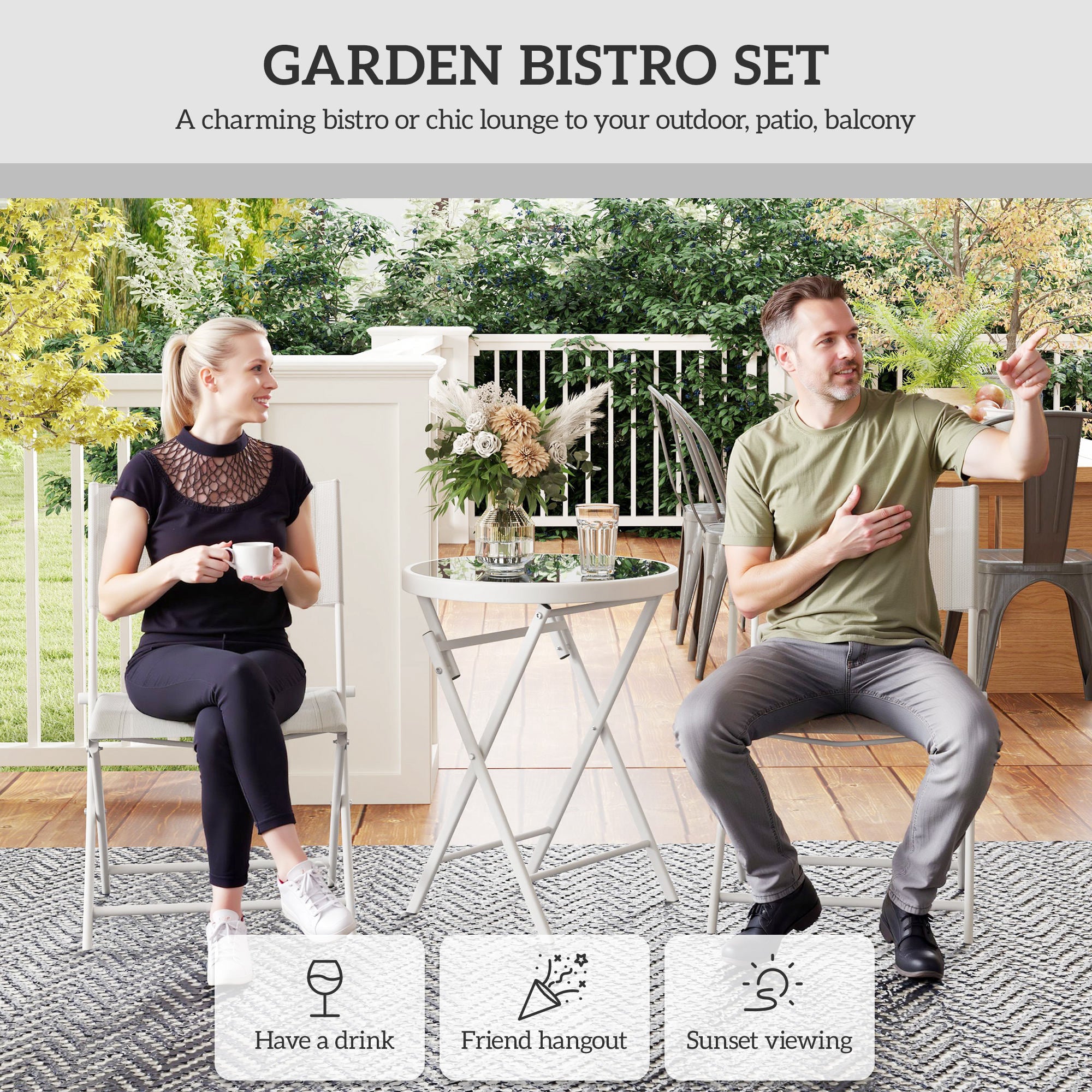 3 Piece Outdoor Bistro Set with Glass Top Table and Folding Chairs - White