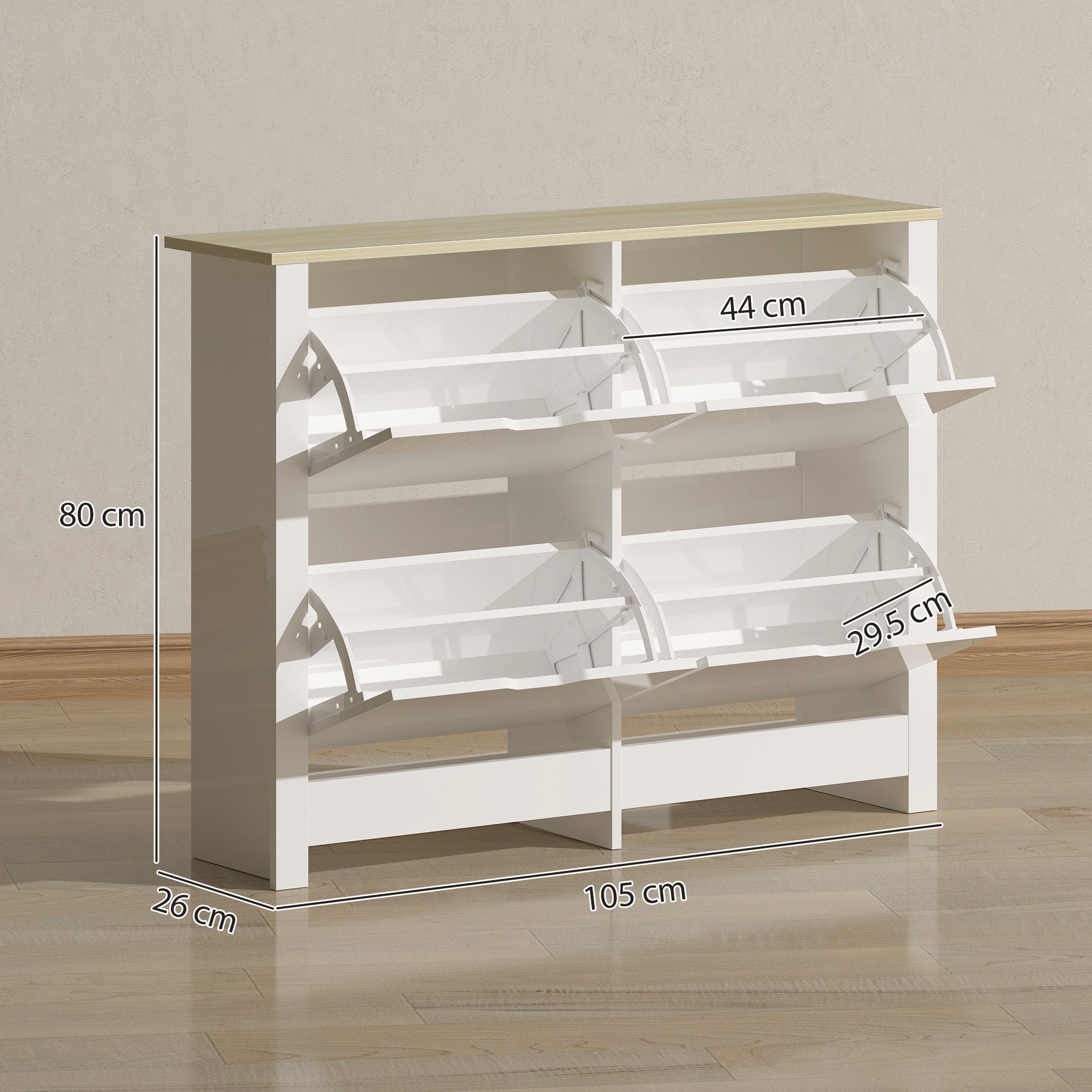 Slim Shoe Cabinet, Narrow Shoe Cupboard with 4 Flip Drawers, Adjustable Shelves for 16 Pairs of Shoes, White